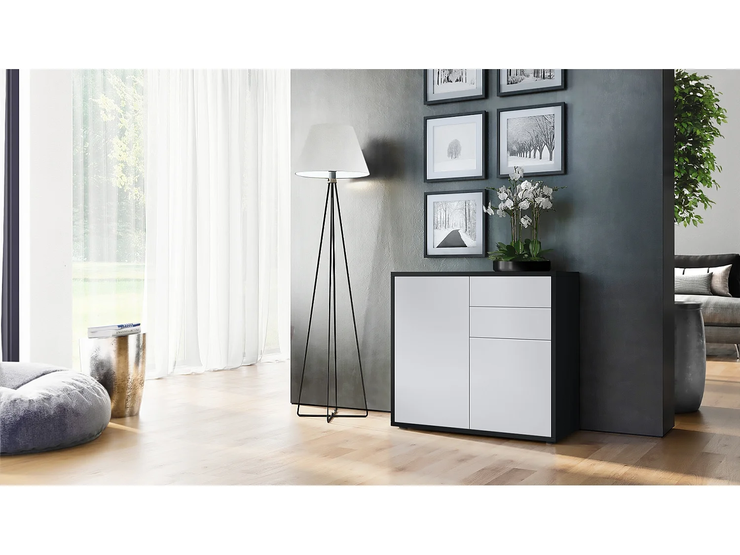 Madia  Ben, mobile con 2 ante e 2 cassetti, nero opaco/bianco opaco (79 x 74 x 36 cm)