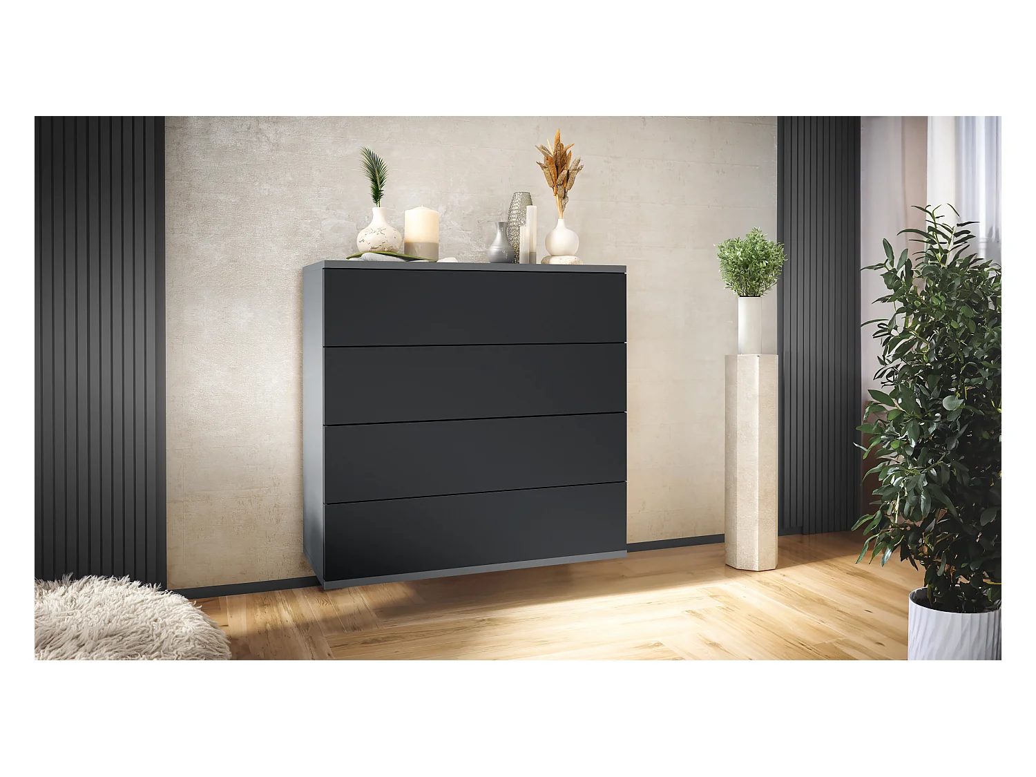 Commode suspendue Pavos V3, Buffet avec 4 tiroirs anthracite mat/noir mat (76 x 76 x 35 cm)