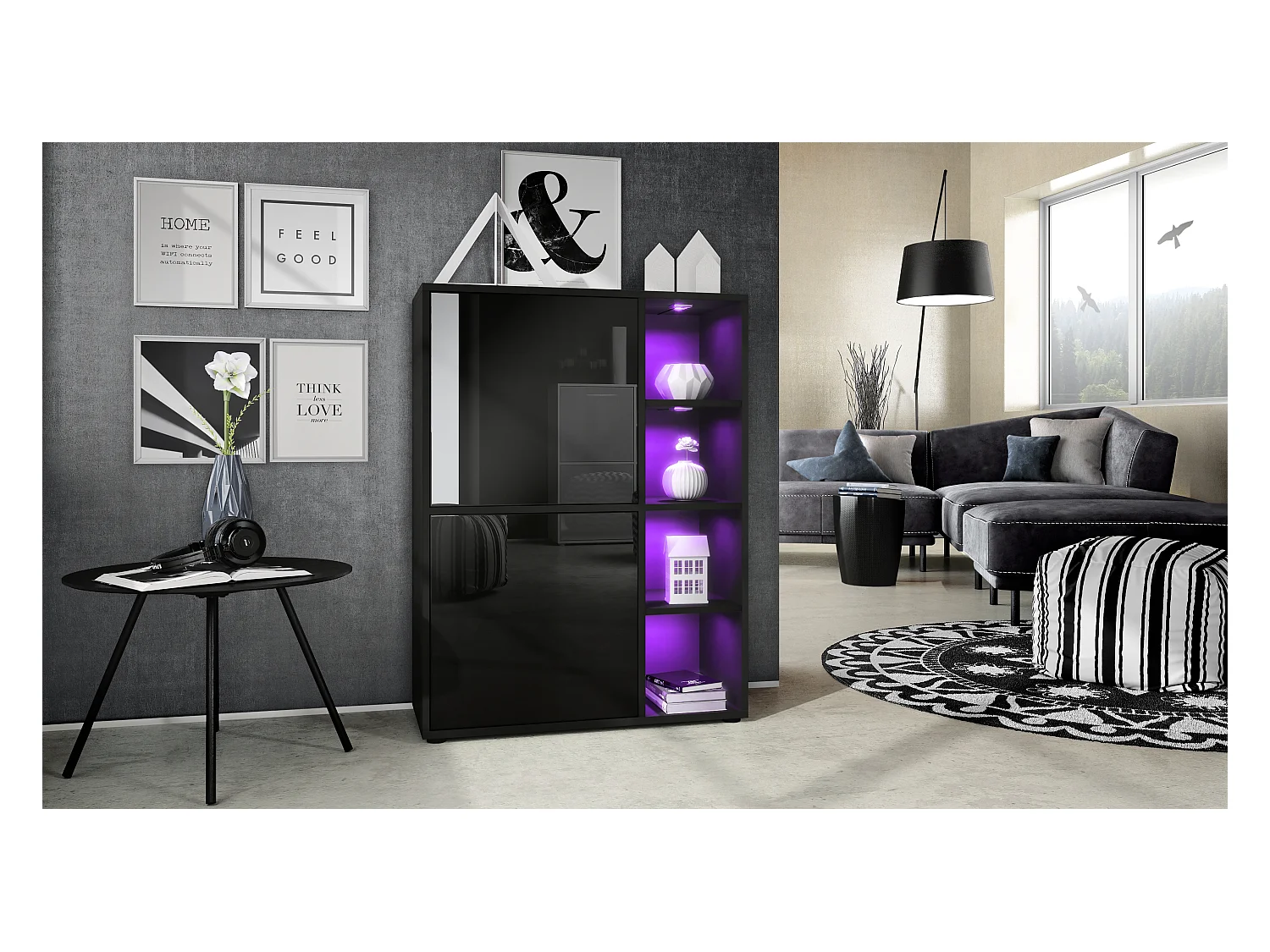 Buffet haut Cuba avec 8 compartiments, caisson en noir mat / Façades en Noir laqué haute brillance avec éclairage LED RGB