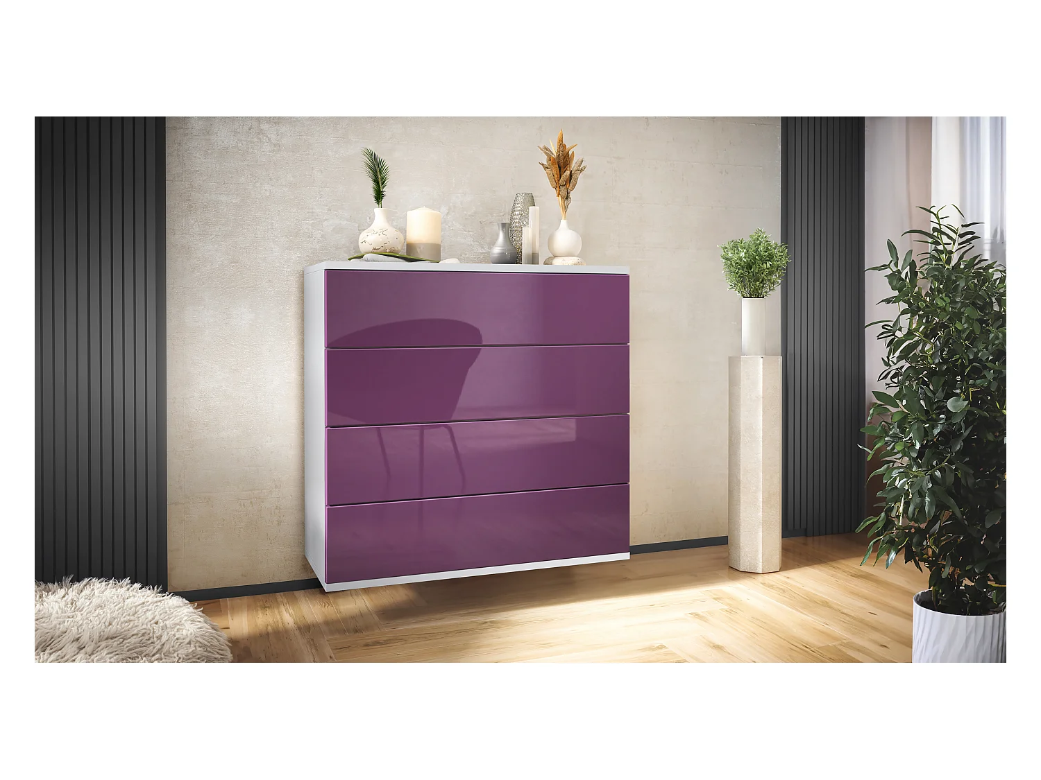 Commode suspendue Pavos V3, Buffet avec 4 tiroirs blanc mat/mûre haute brillance (76 x 76 x 35 cm)