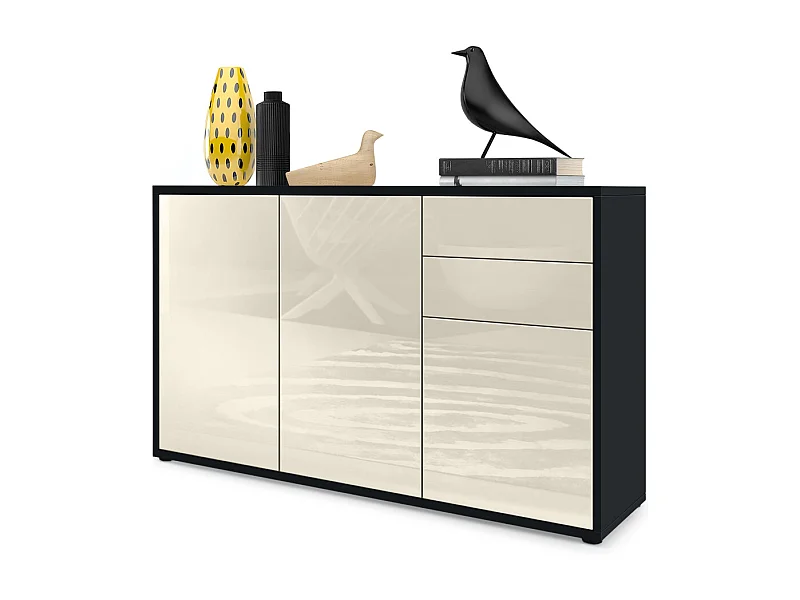 Buffet Ben V3, Commode avec 3 portes et 2 tiroirs, Noir mat/Crème haute brillance (117 x 74 x 36 cm)