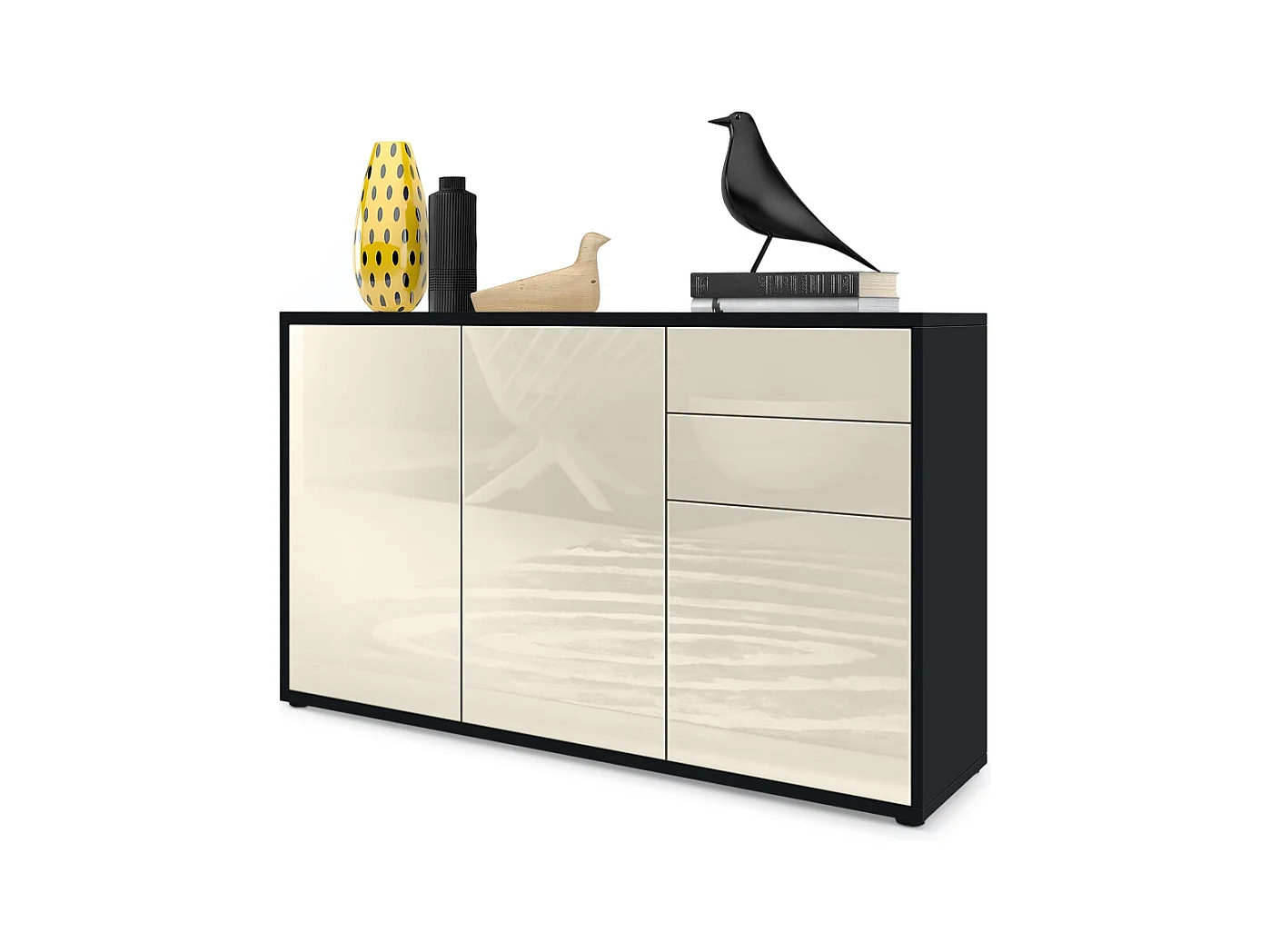 Buffet Ben V3, Commode avec 3 portes et 2 tiroirs, Noir mat/Crème haute brillance (117 x 74 x 36 cm)