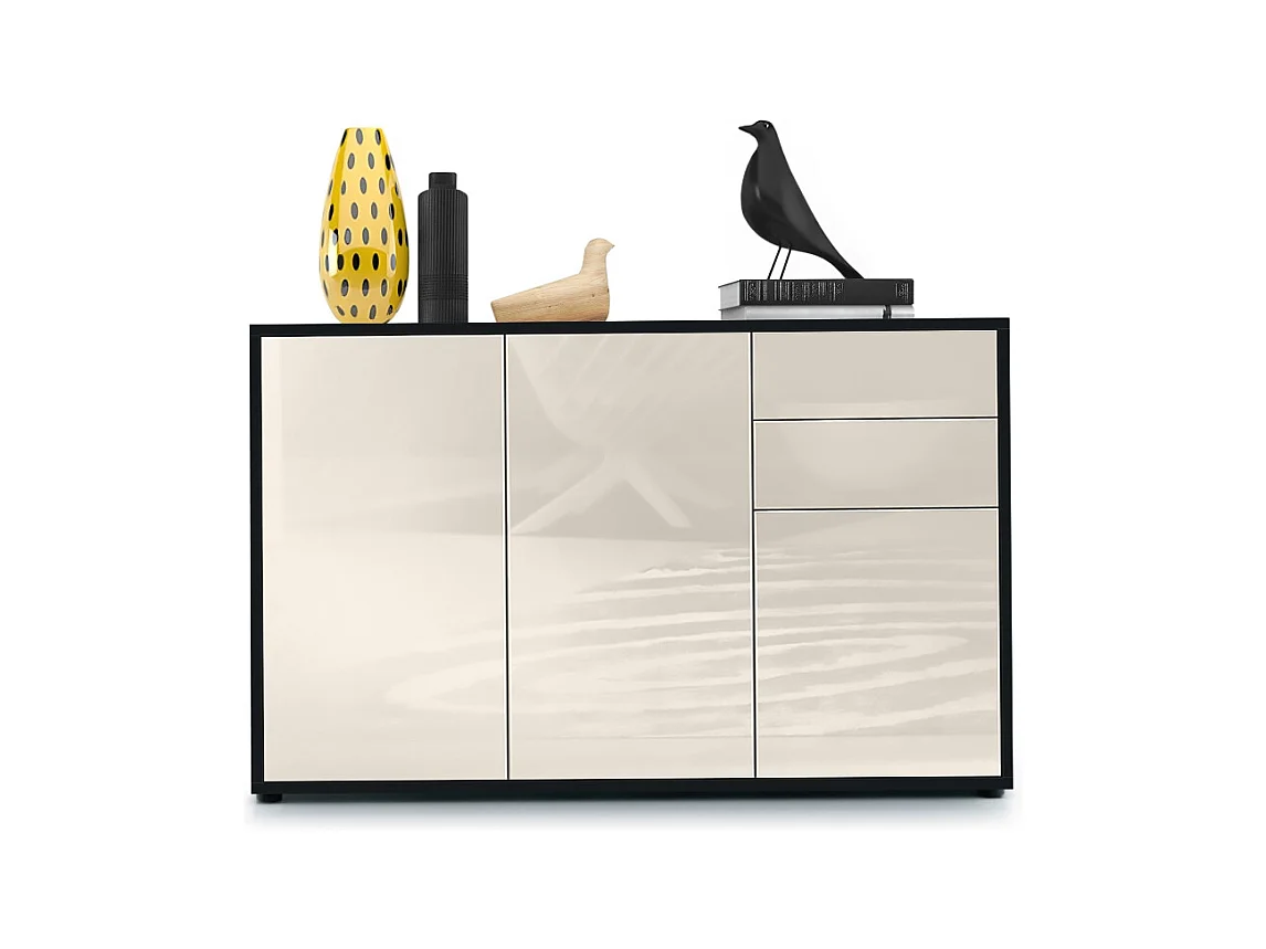 Buffet Ben V3, Commode avec 3 portes et 2 tiroirs, Noir mat/Crème haute brillance (117 x 74 x 36 cm)