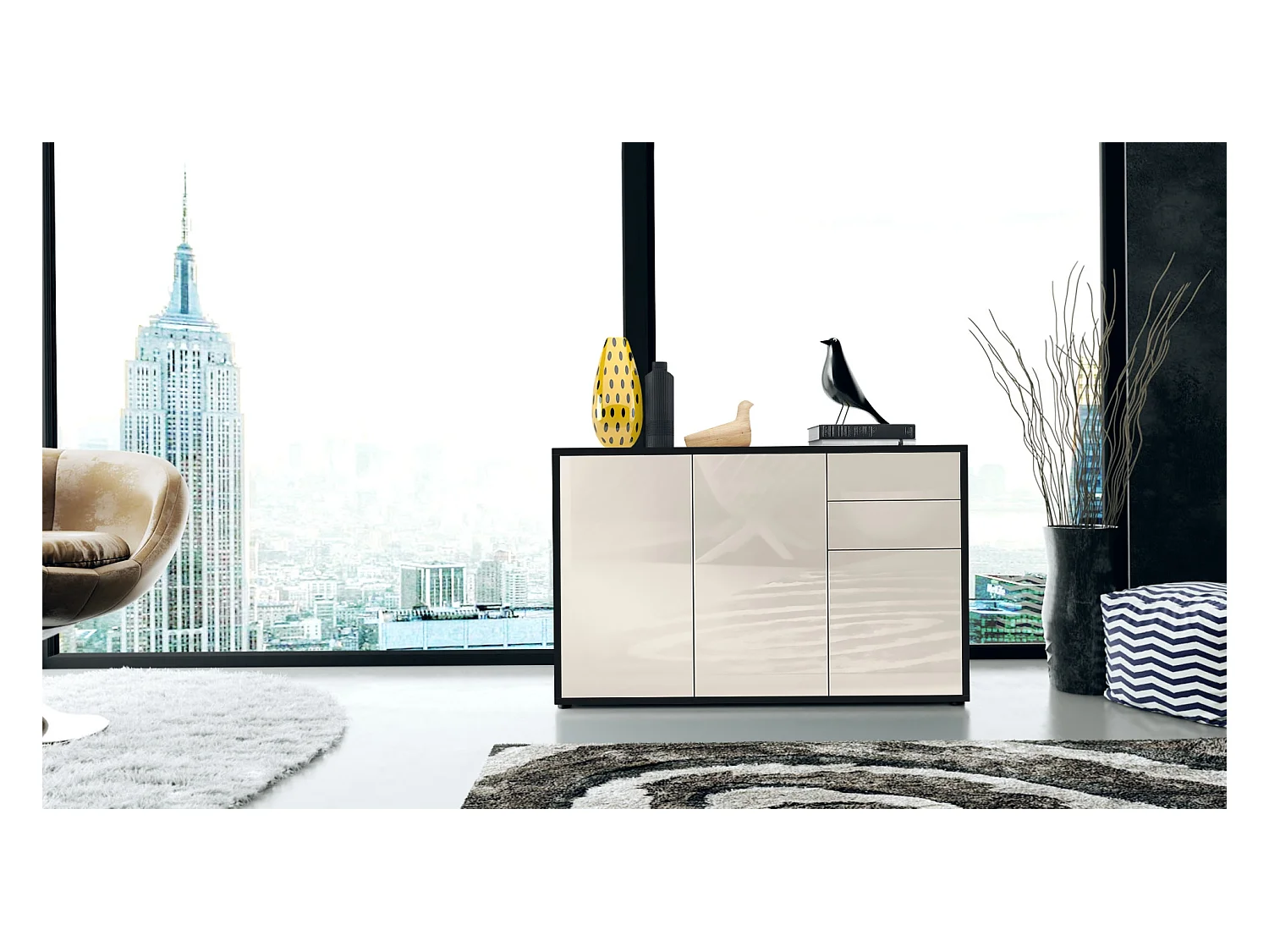 Buffet Ben V3, Commode avec 3 portes et 2 tiroirs, Noir mat/Crème haute brillance (117 x 74 x 36 cm)