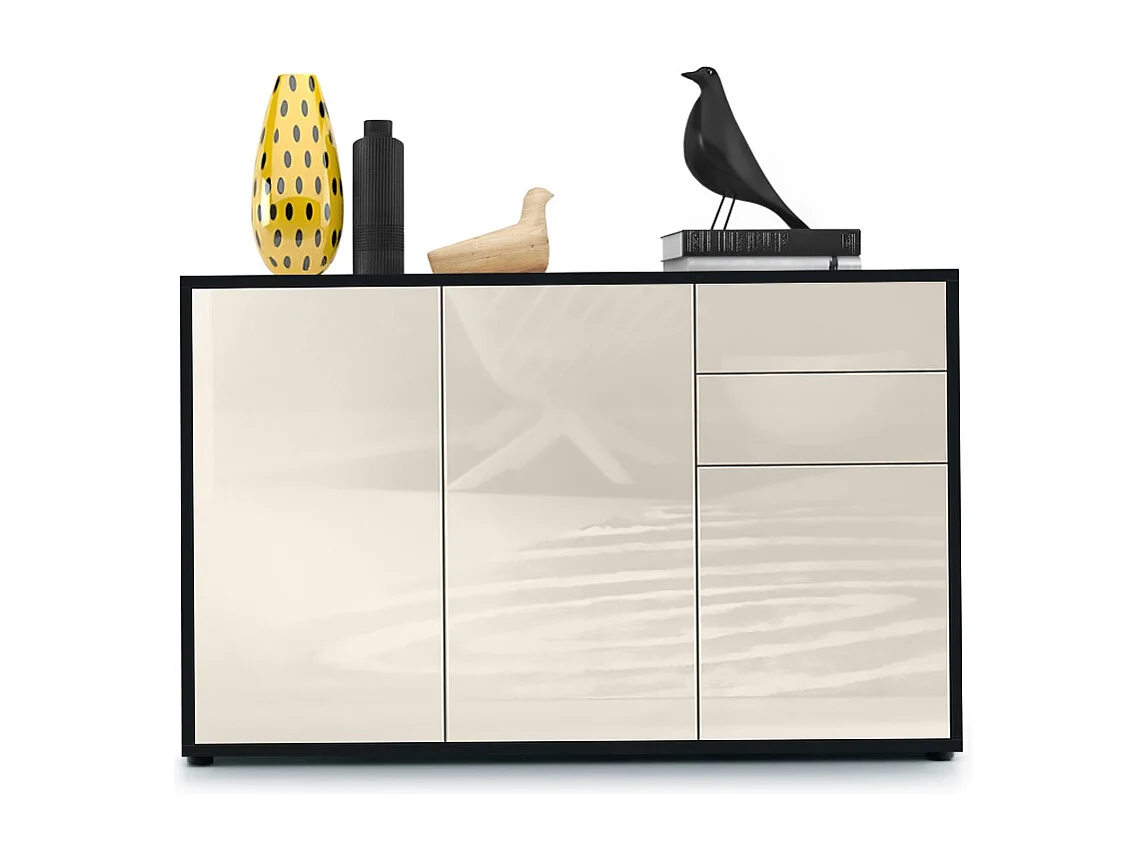 Buffet Ben V3, Commode avec 3 portes et 2 tiroirs, Noir mat/Crème haute brillance (117 x 74 x 36 cm)