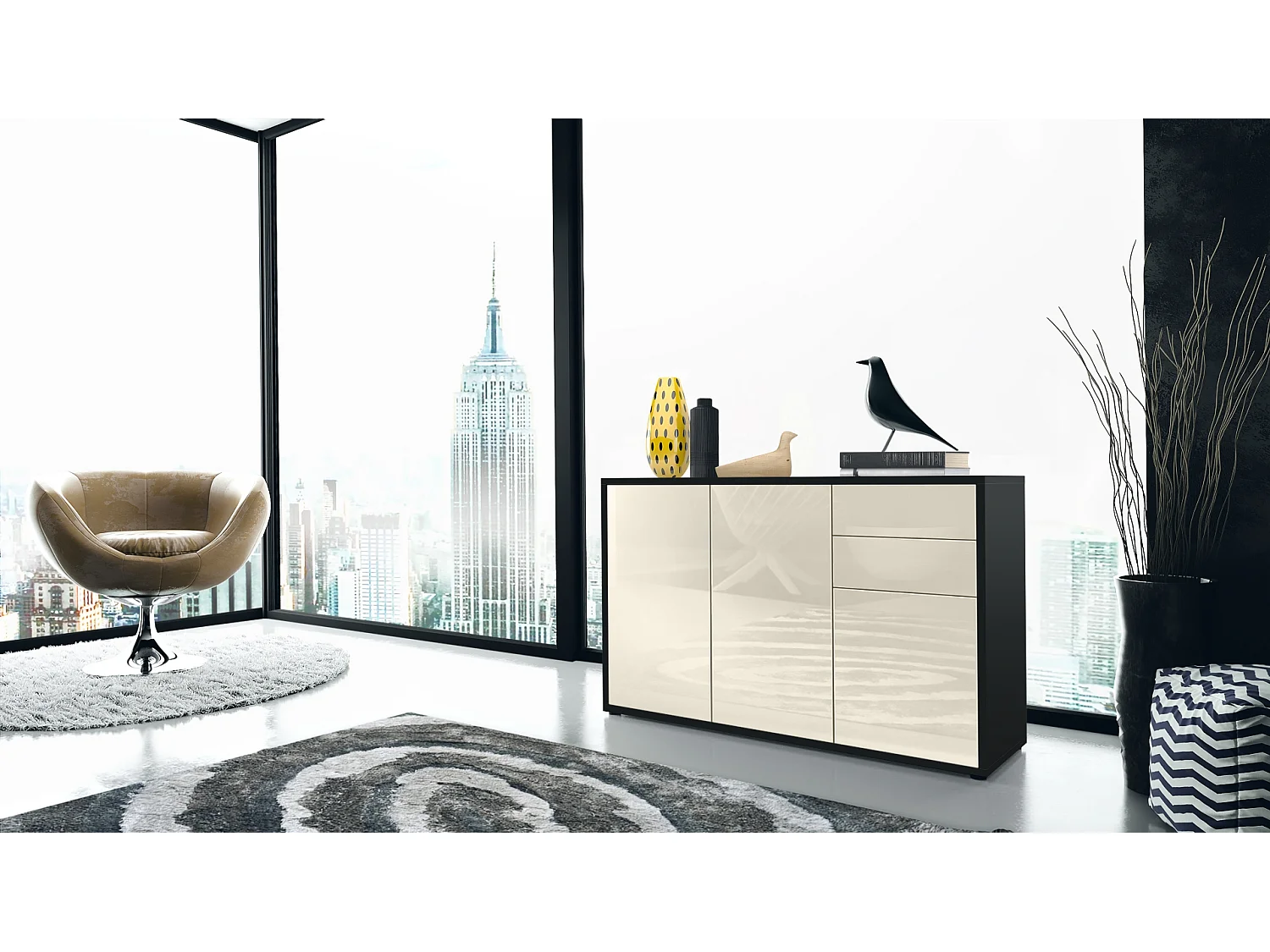 Buffet Ben V3, Commode avec 3 portes et 2 tiroirs, Noir mat/Crème haute brillance (117 x 74 x 36 cm)