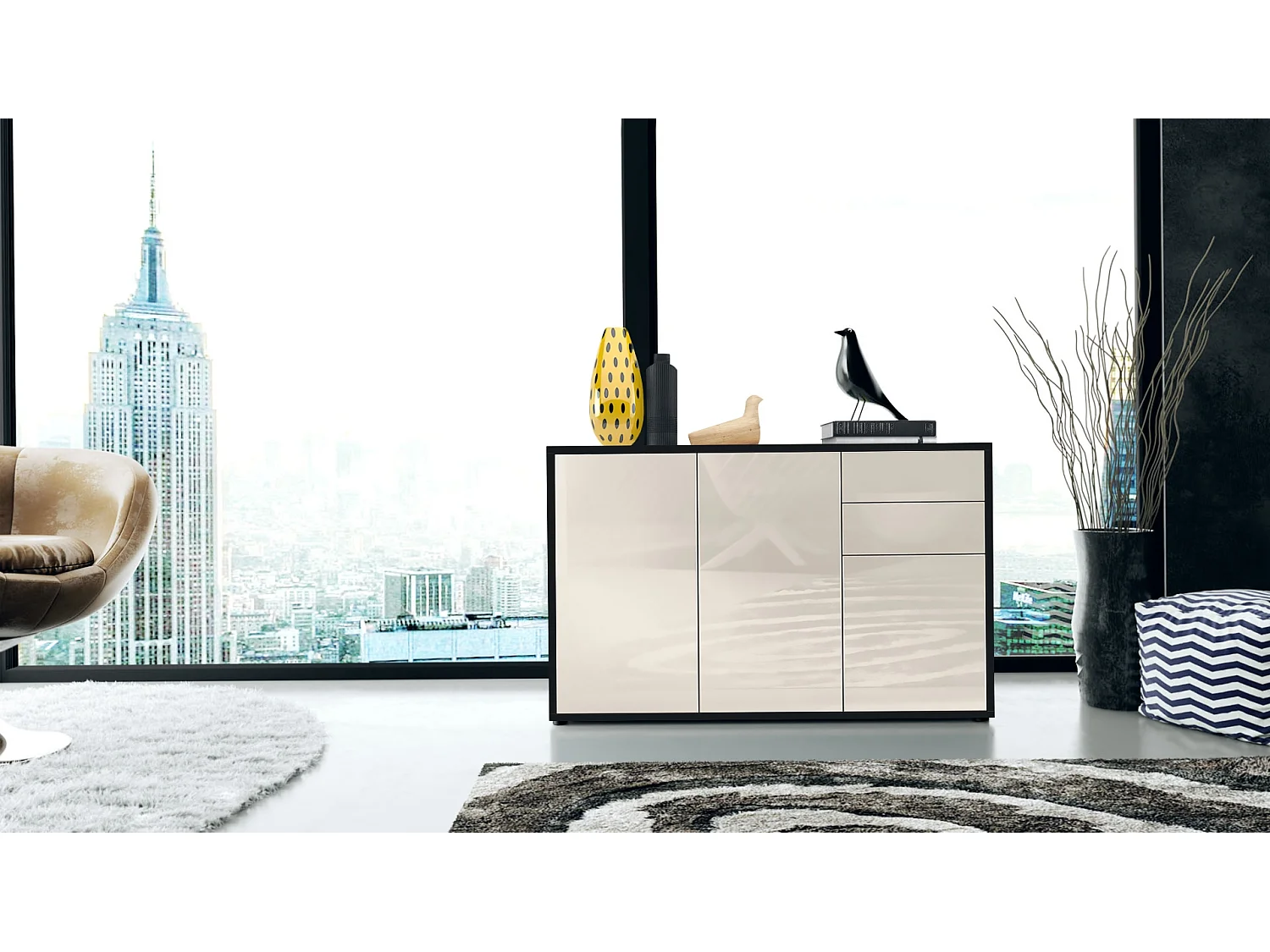 Buffet Ben V3, Commode avec 3 portes et 2 tiroirs, Noir mat/Crème haute brillance (117 x 74 x 36 cm)