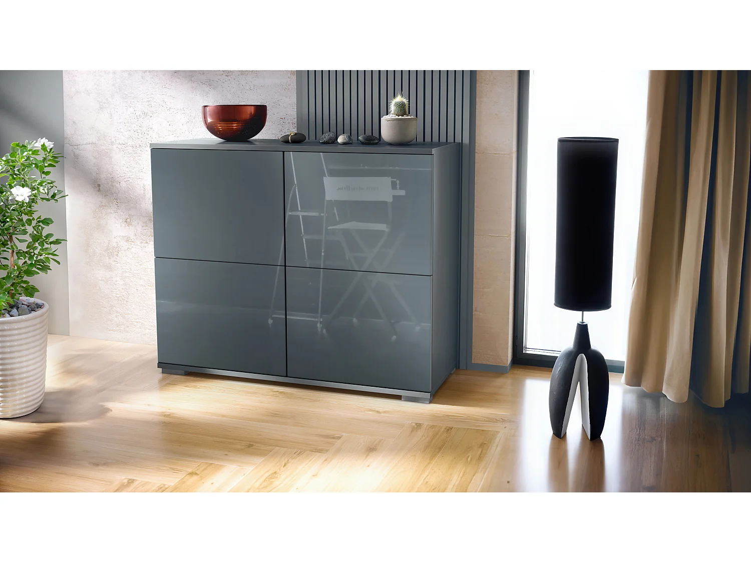 Credenza Rova V3 – Mobile da cucina moderno con 4 ante Push-to-Open antracite opaco  / grigio lucido (92,5 x 75.5 x 35)