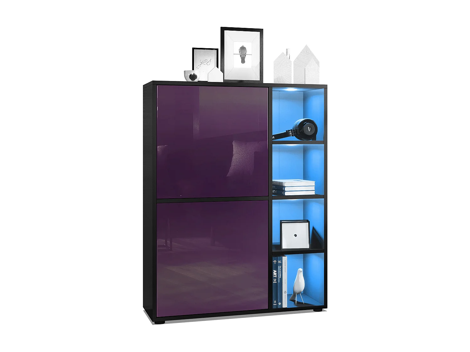 Buffet haut Cuba avec 8 compartiments, caisson en noir mat / Façades en Mûre laqué haute brillance avec éclairage LED RGB