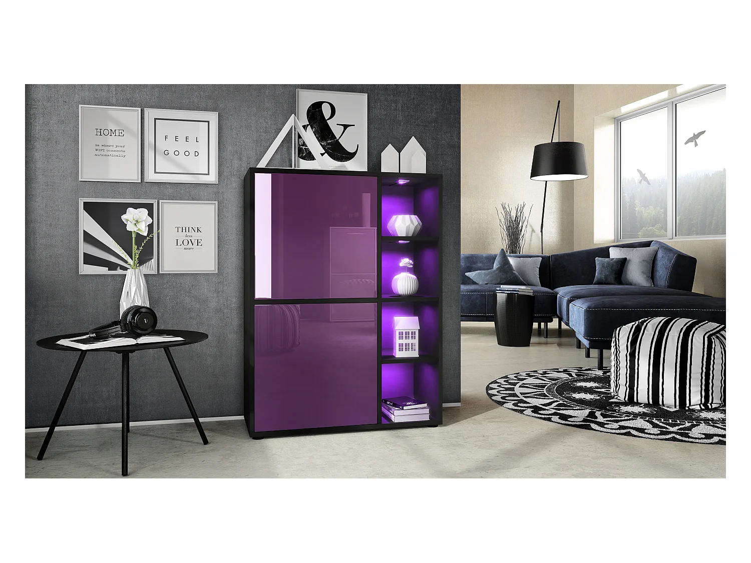 Buffet haut Cuba avec 8 compartiments, caisson en noir mat / Façades en Mûre laqué haute brillance avec éclairage LED RGB