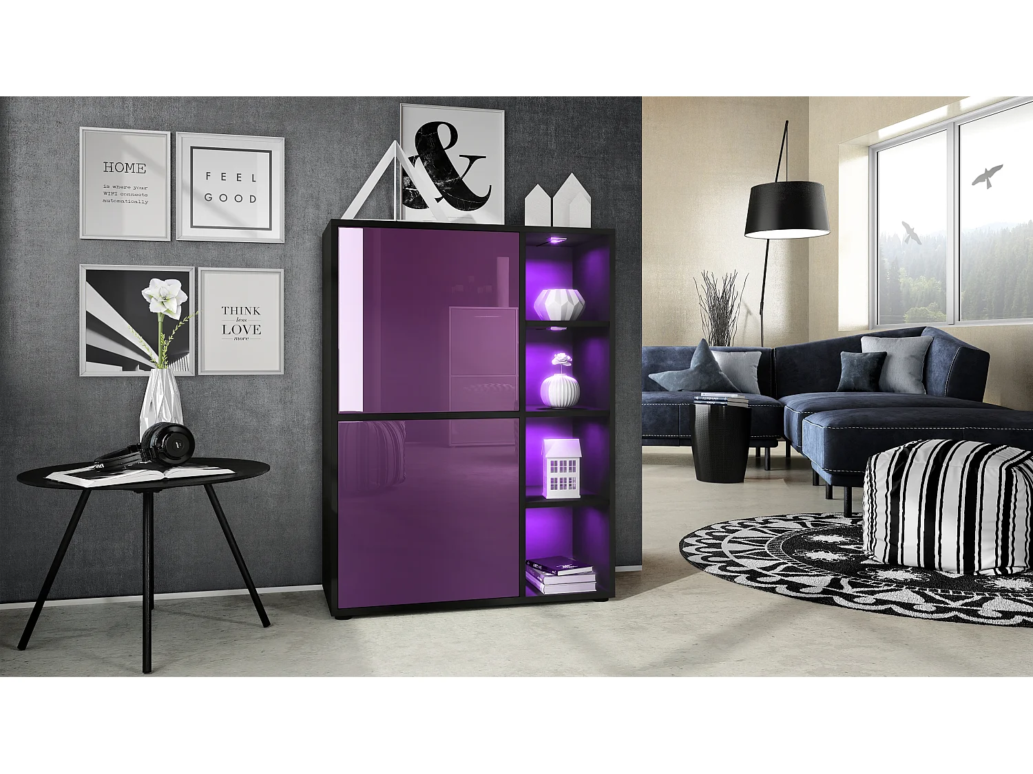 Buffet haut Cuba avec 8 compartiments, caisson en noir mat / Façades en Mûre laqué haute brillance avec éclairage LED RGB