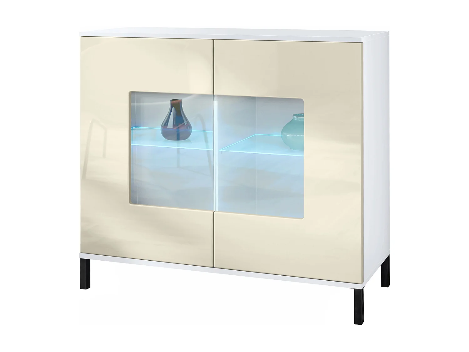 Commode Grömitz V3, Armoire de cuisine moderne avec 2 grandes portes vitrées incl. éclairage RGB blanc mat / crème haute brillance (92,5 x 83.5 x 35)