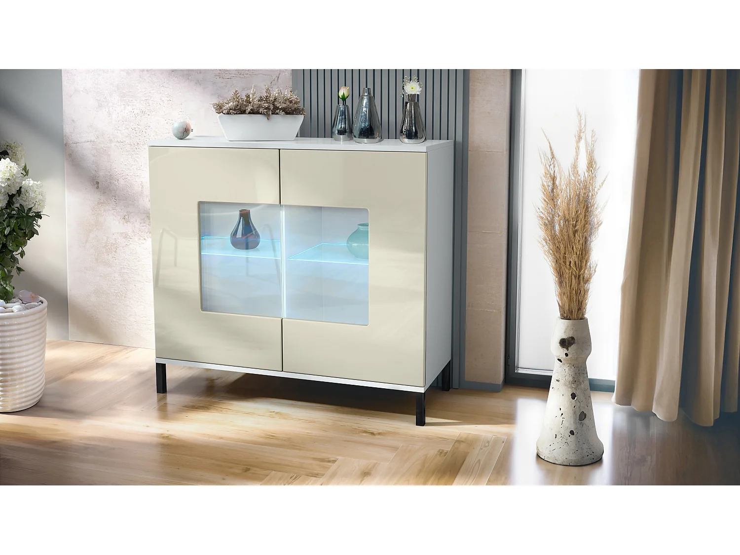 Commode Grömitz V3, Armoire de cuisine moderne avec 2 grandes portes vitrées incl. éclairage RGB blanc mat / crème haute brillance (92,5 x 83.5 x 35)