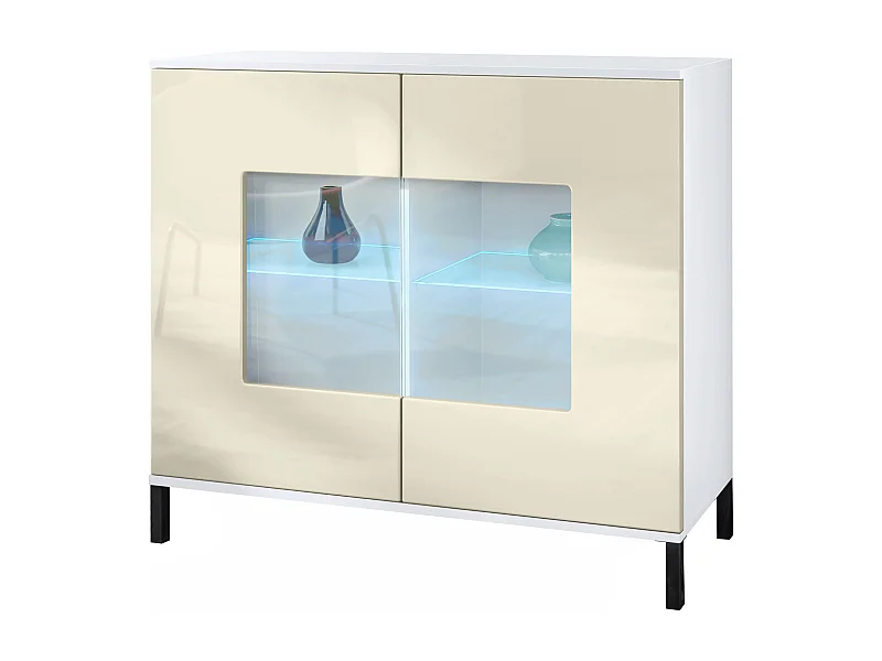 Commode Grömitz V3, Armoire de cuisine moderne avec 2 grandes portes vitrées incl. éclairage RGB blanc mat / crème haute brillance (92,5 x 83.5 x 35)