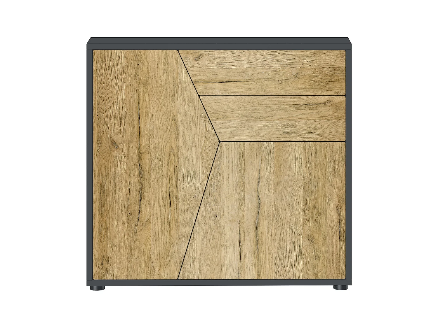 Buffet Benny, Commode avec 2 portes et 2 tiroirs, Noir mat/Chêne Nature (79 x 74 x 36 cm)