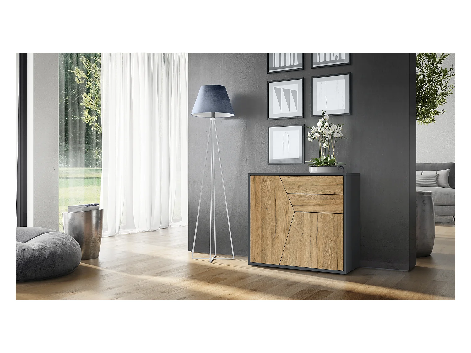 Buffet Benny, Commode avec 2 portes et 2 tiroirs, Noir mat/Chêne Nature (79 x 74 x 36 cm)