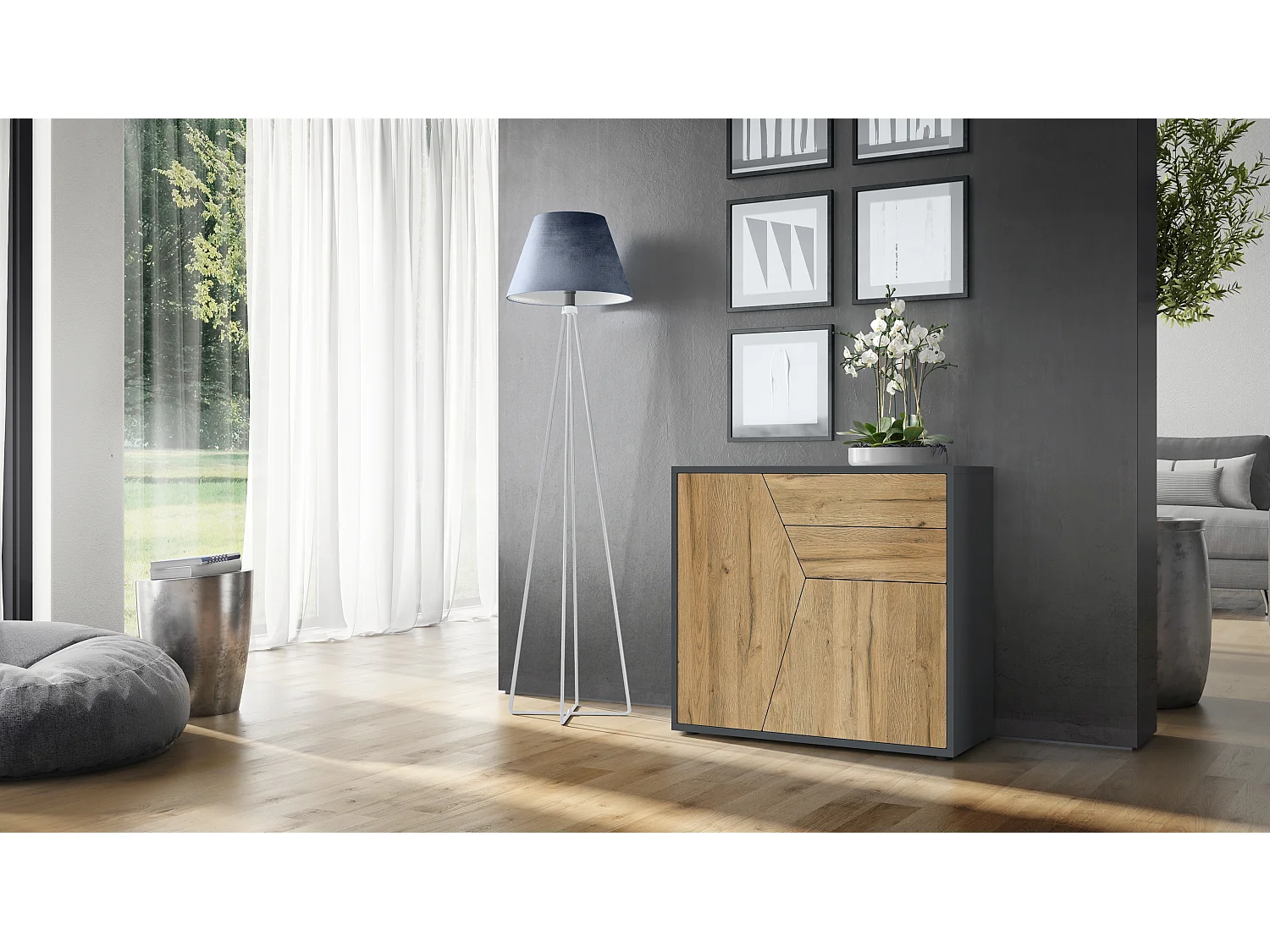 Buffet Benny, Commode avec 2 portes et 2 tiroirs, Noir mat/Chêne Nature (79 x 74 x 36 cm)
