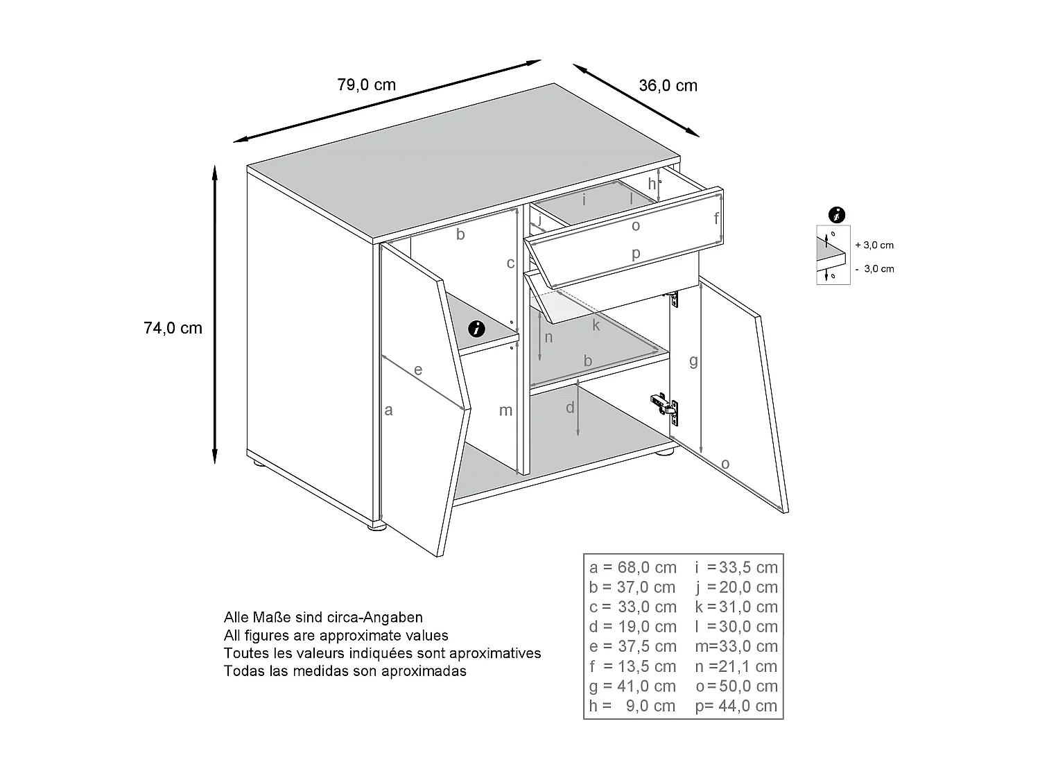 Buffet Benny, Commode avec 2 portes et 2 tiroirs, Noir mat/Chêne Nature (79 x 74 x 36 cm)