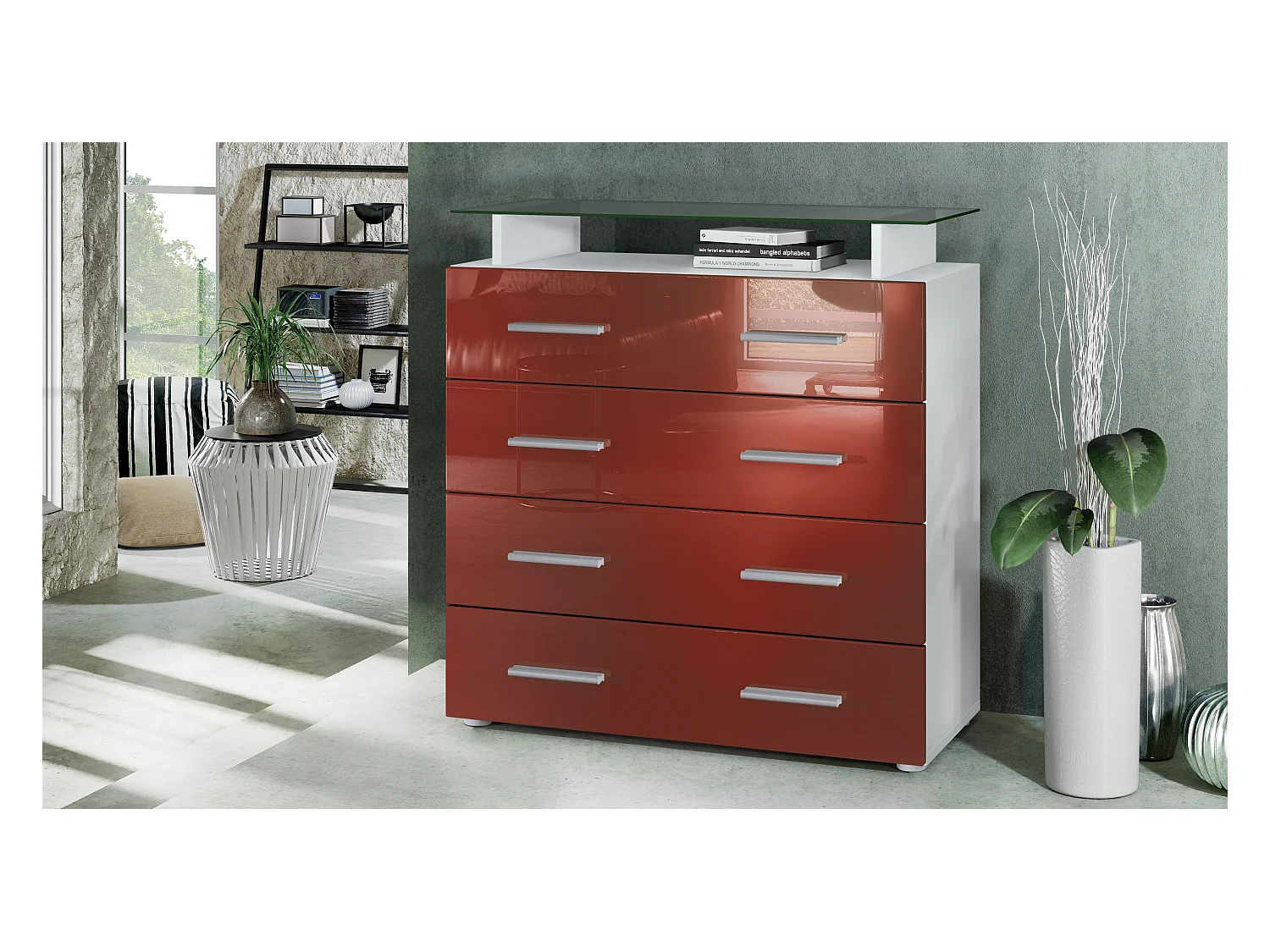 Buffet Pavos V2, Commode avec 4 tiroirs et mini-étagère en verre, blanc mat/bordeaux haute brillance (76 x 81 x 35 cm)