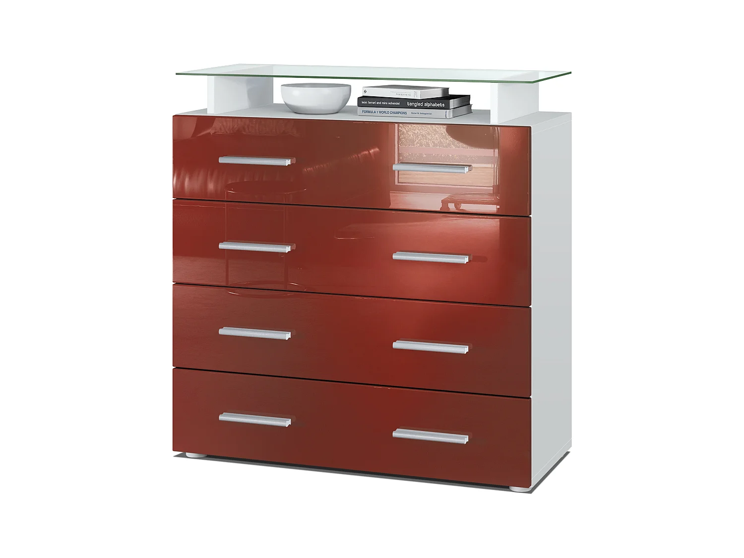 Buffet Pavos V2, Commode avec 4 tiroirs et mini-étagère en verre, blanc mat/bordeaux haute brillance (76 x 81 x 35 cm)