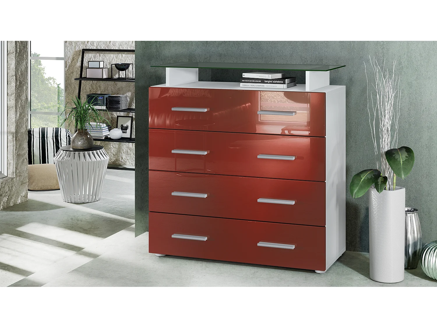Buffet Pavos V2, Commode avec 4 tiroirs et mini-étagère en verre, blanc mat/bordeaux haute brillance (76 x 81 x 35 cm)