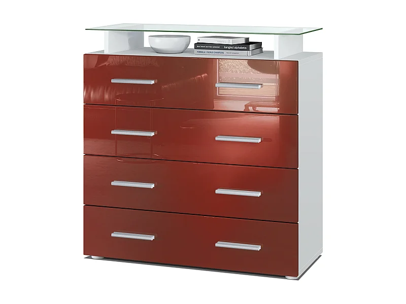 Buffet Pavos V2, Commode avec 4 tiroirs et mini-étagère en verre, blanc mat/bordeaux haute brillance (76 x 81 x 35 cm)