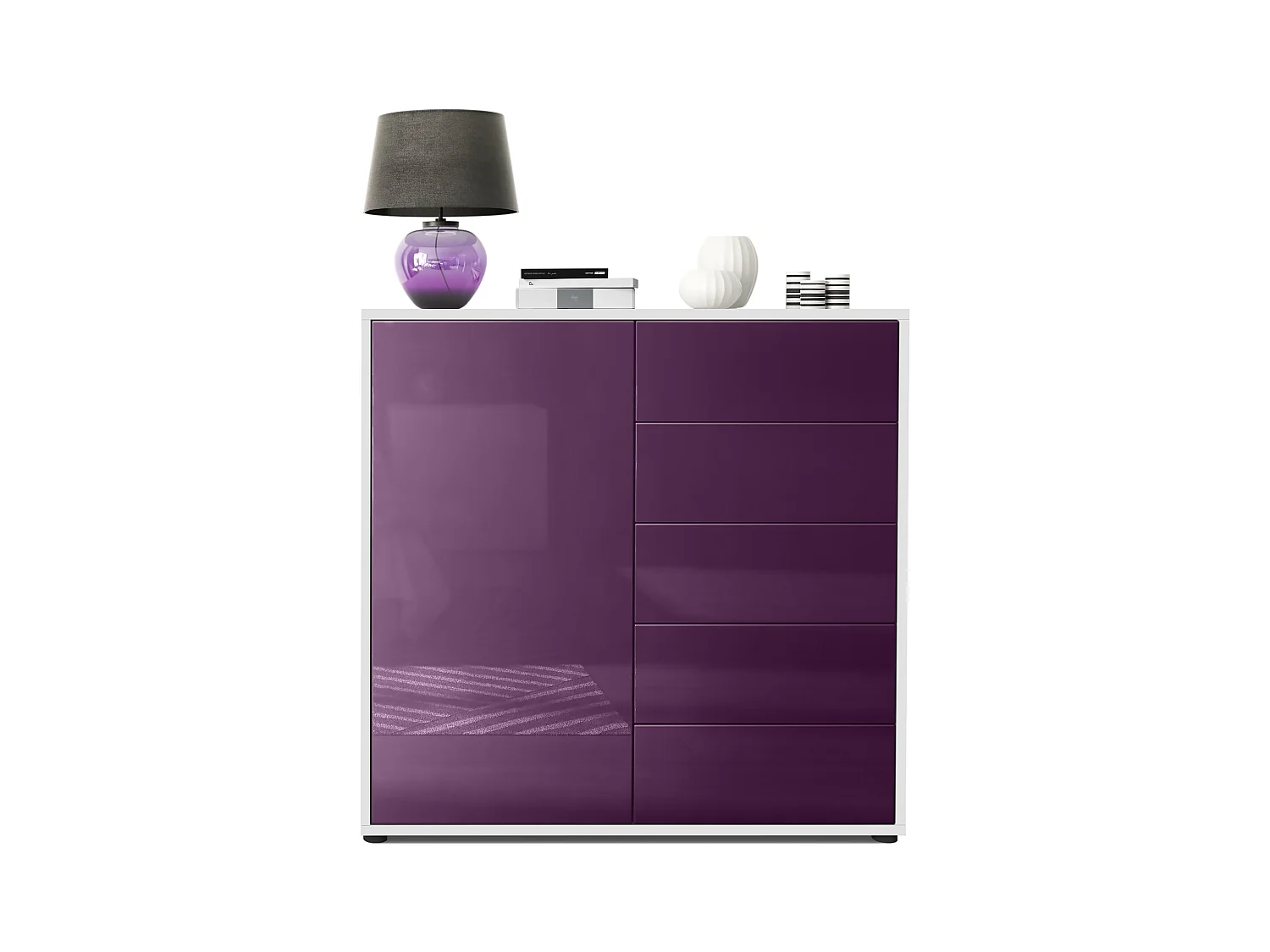 Buffet Ben V2, Commode avec 1 portes et 5 tiroirs, Blanc mat/Mûre haute brillance (79 x 74 x 36 cm)