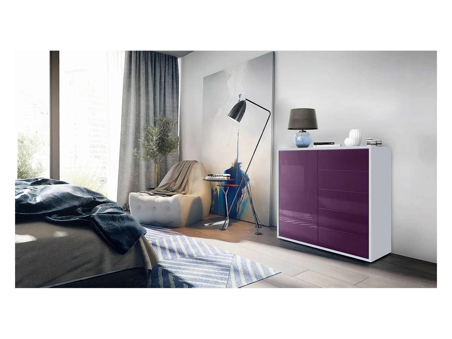 Buffet Ben V2, Commode avec 1 portes et 5 tiroirs, Blanc mat/Mûre haute brillance (79 x 74 x 36 cm)