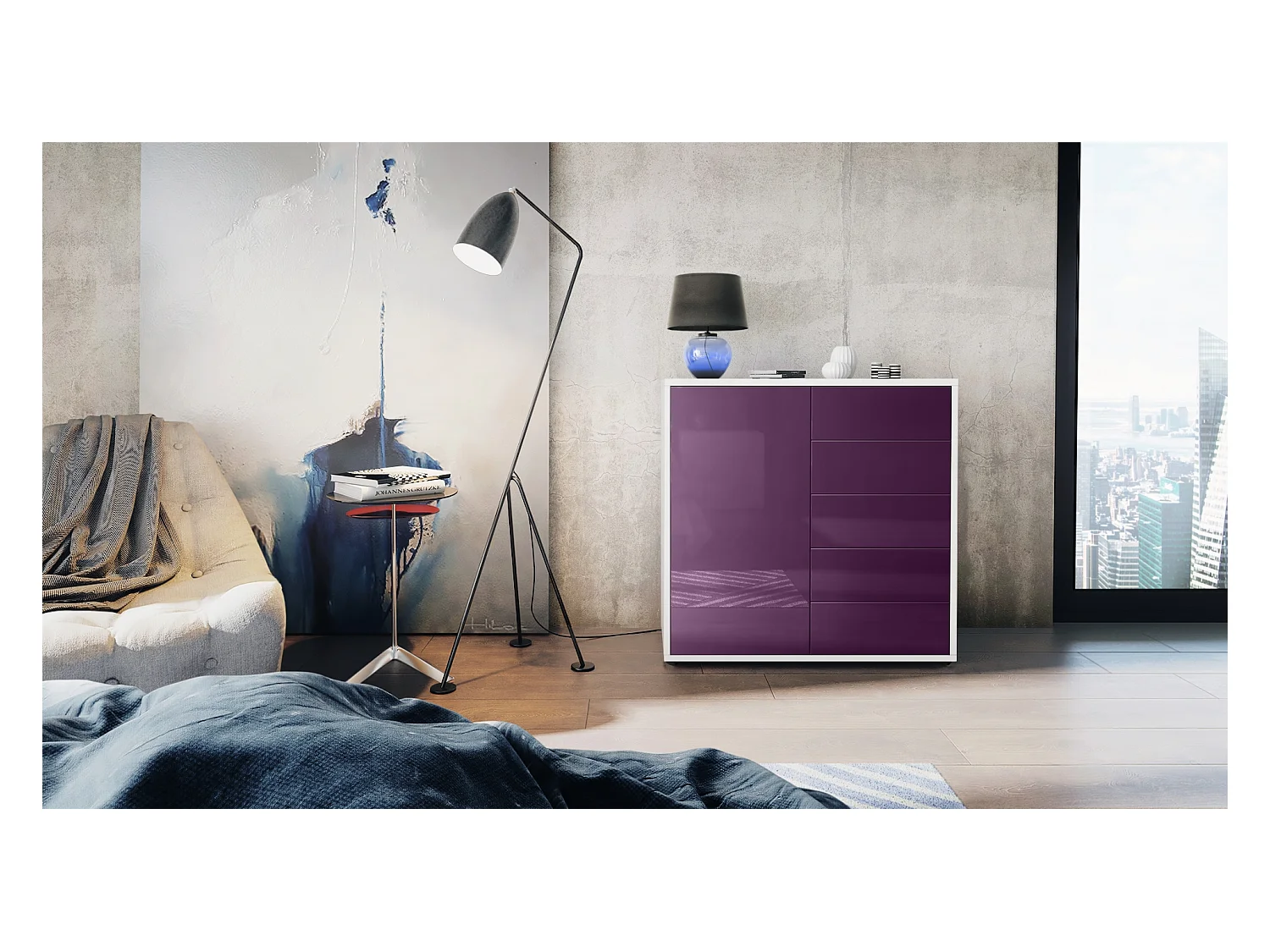 Buffet Ben V2, Commode avec 1 portes et 5 tiroirs, Blanc mat/Mûre haute brillance (79 x 74 x 36 cm)