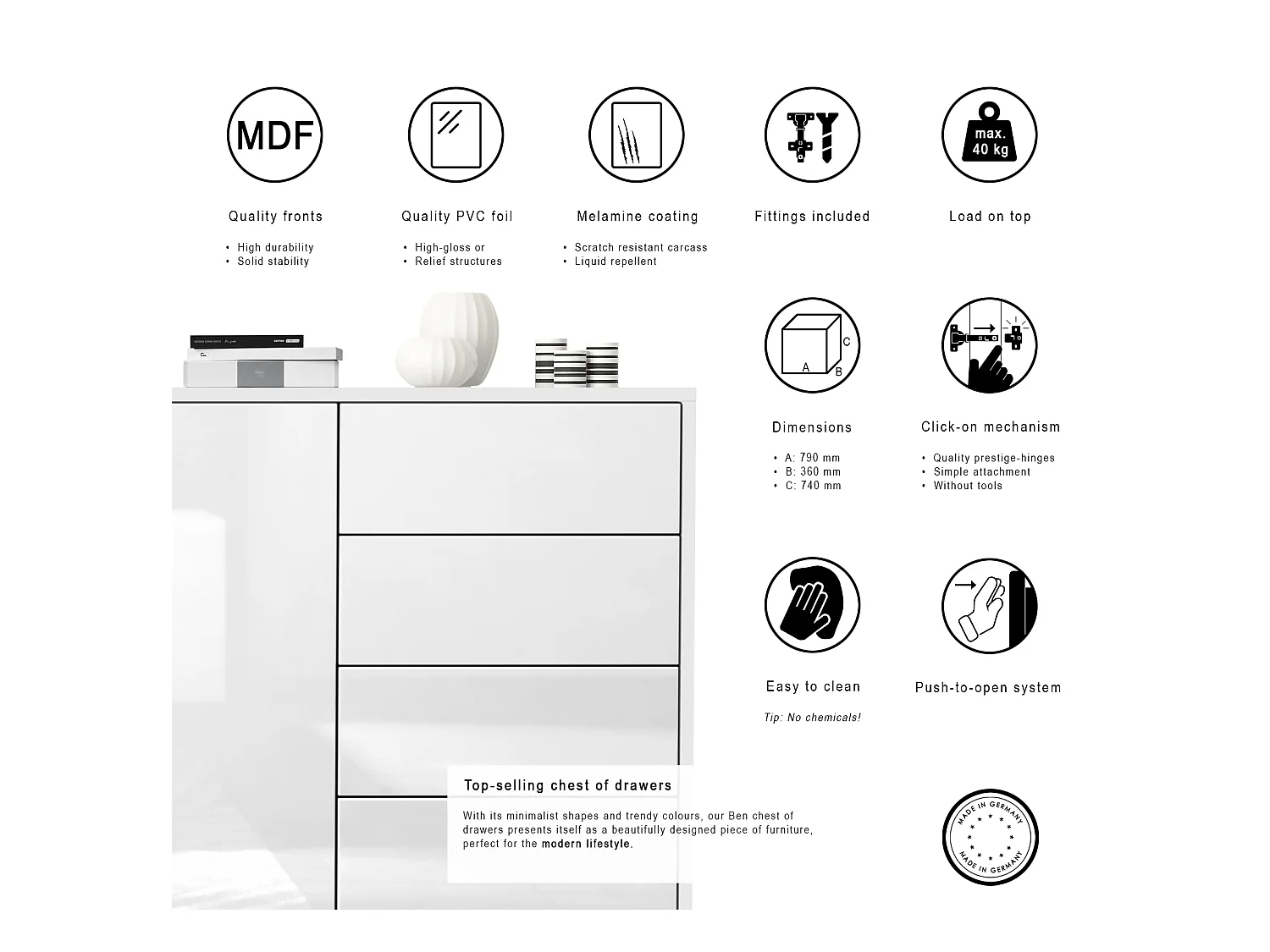 Buffet Ben V2, Commode avec 1 portes et 5 tiroirs, Blanc mat/Mûre haute brillance (79 x 74 x 36 cm)