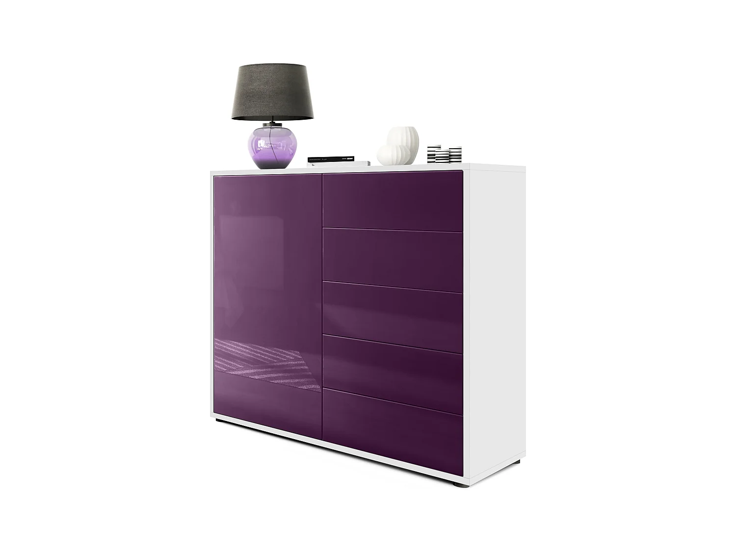 Buffet Ben V2, Commode avec 1 portes et 5 tiroirs, Blanc mat/Mûre haute brillance (79 x 74 x 36 cm)