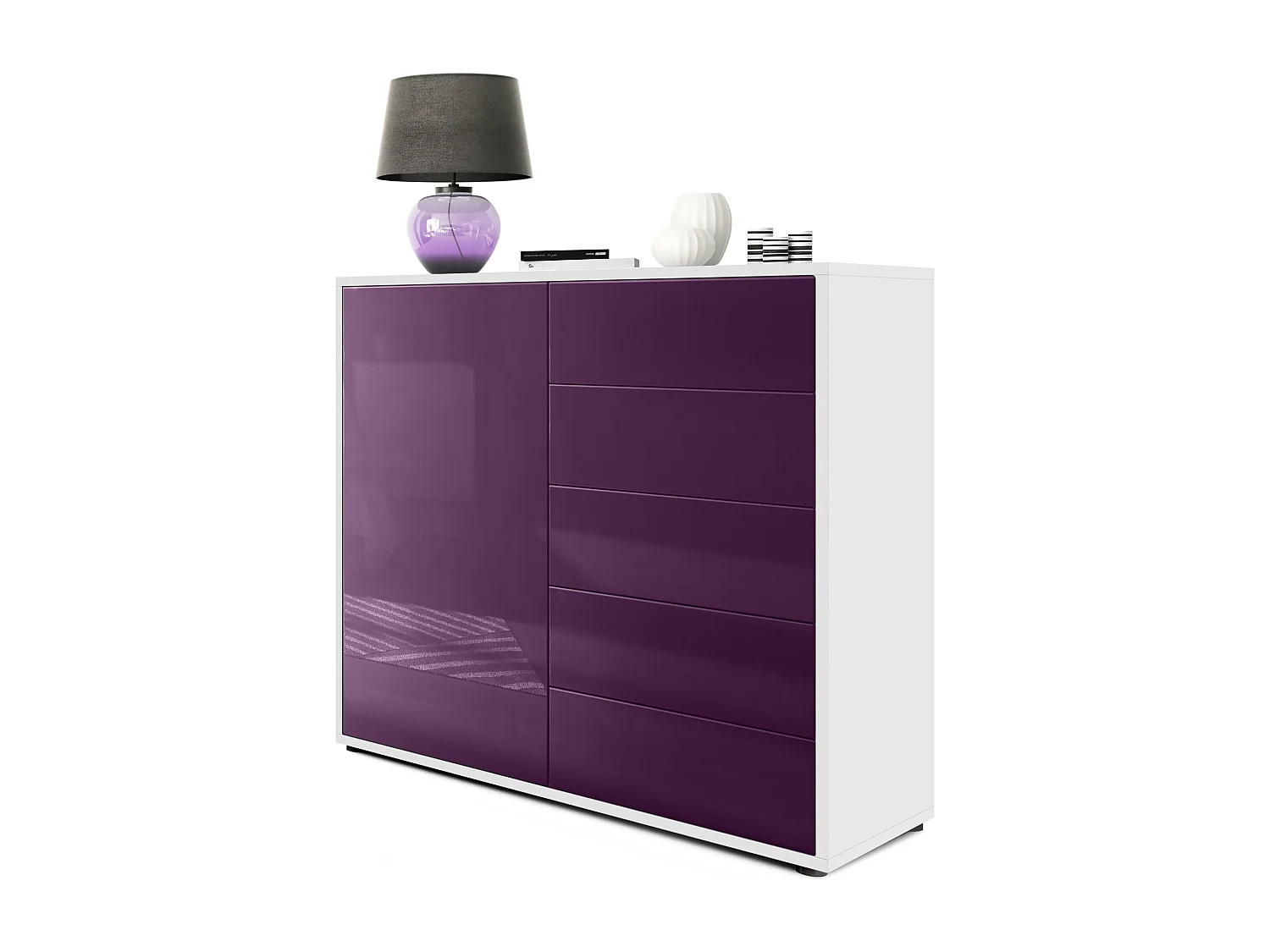 Buffet Ben V2, Commode avec 1 portes et 5 tiroirs, Blanc mat/Mûre haute brillance (79 x 74 x 36 cm)