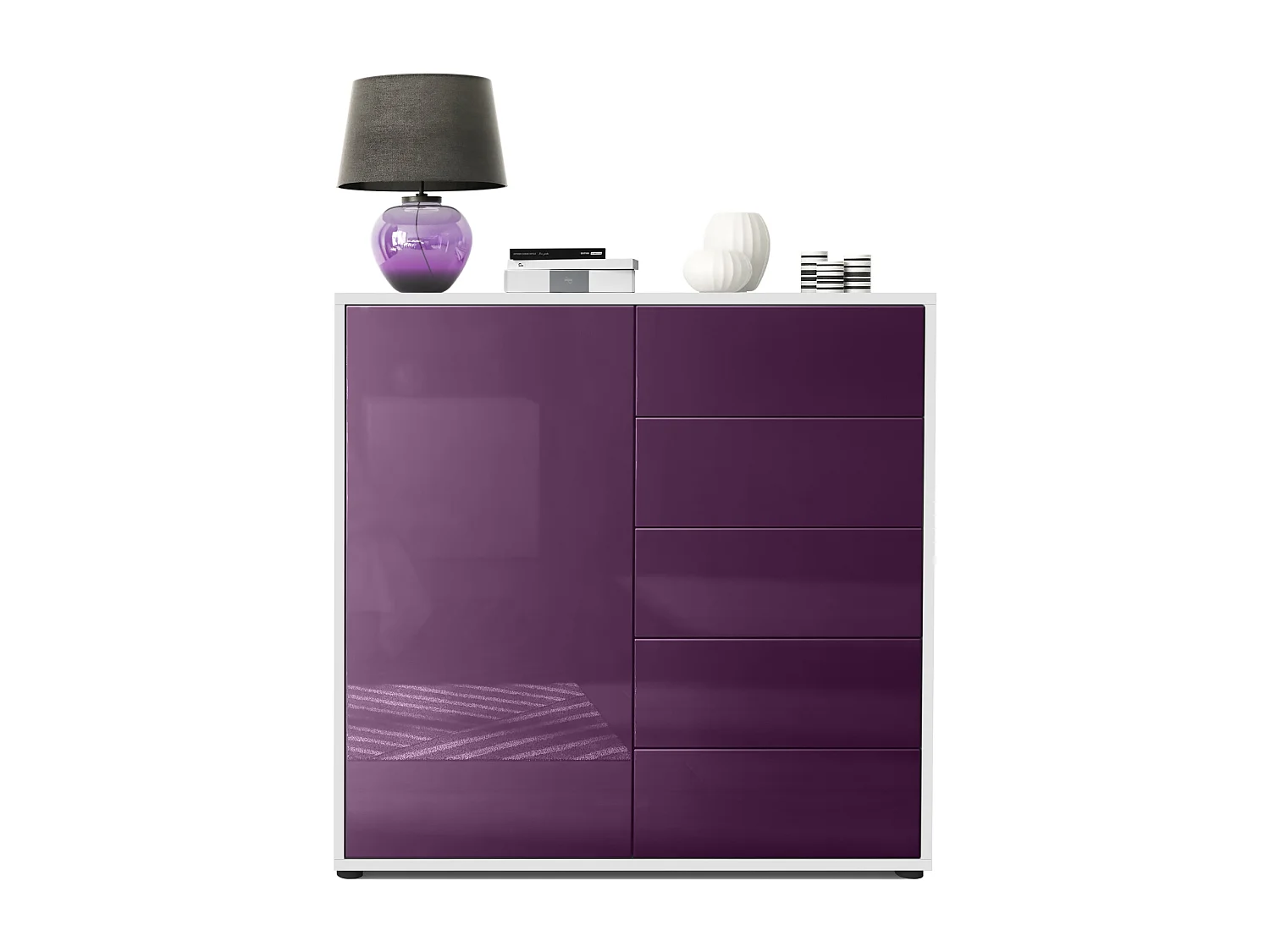 Buffet Ben V2, Commode avec 1 portes et 5 tiroirs, Blanc mat/Mûre haute brillance (79 x 74 x 36 cm)