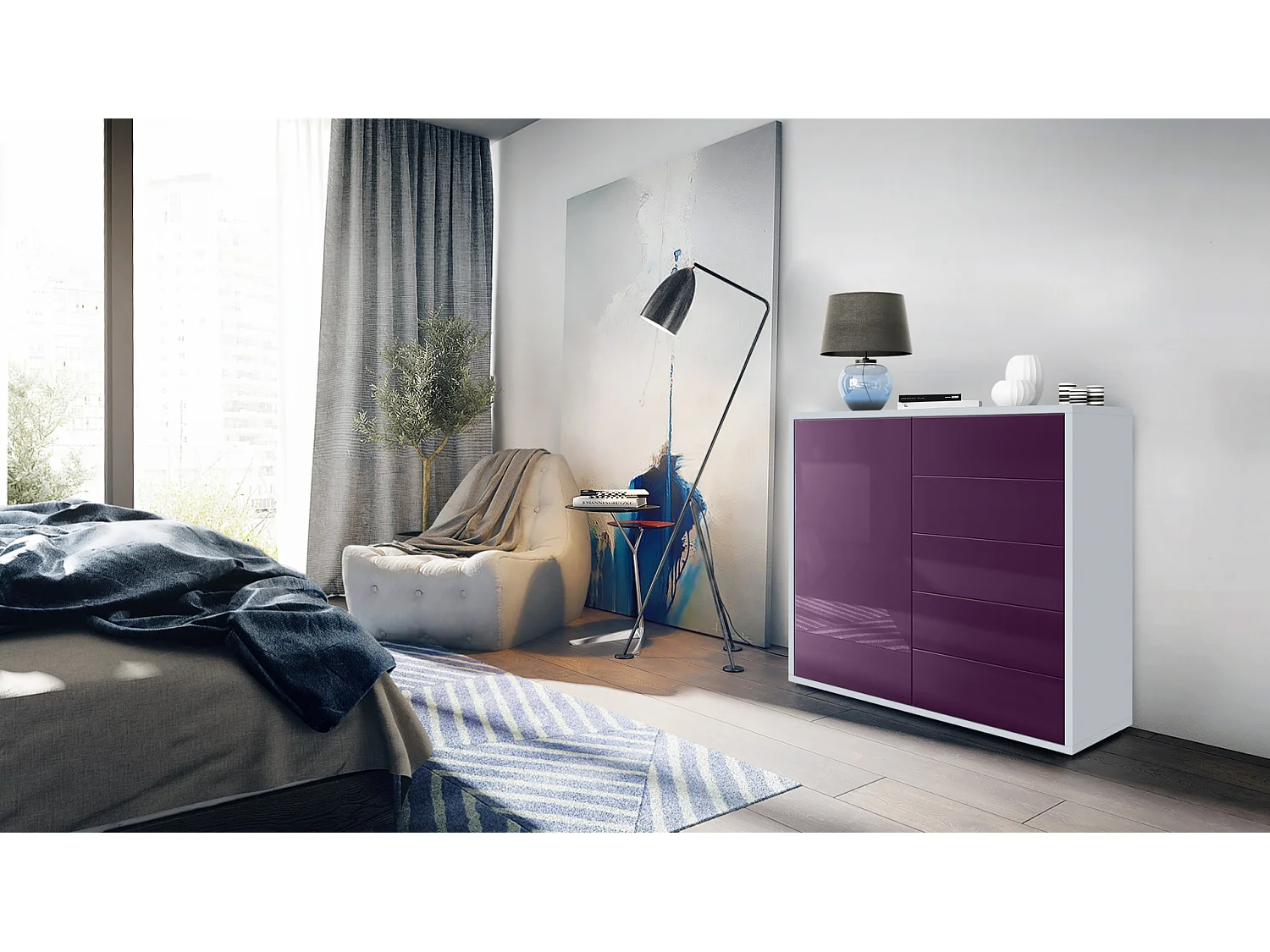 Buffet Ben V2, Commode avec 1 portes et 5 tiroirs, Blanc mat/Mûre haute brillance (79 x 74 x 36 cm)