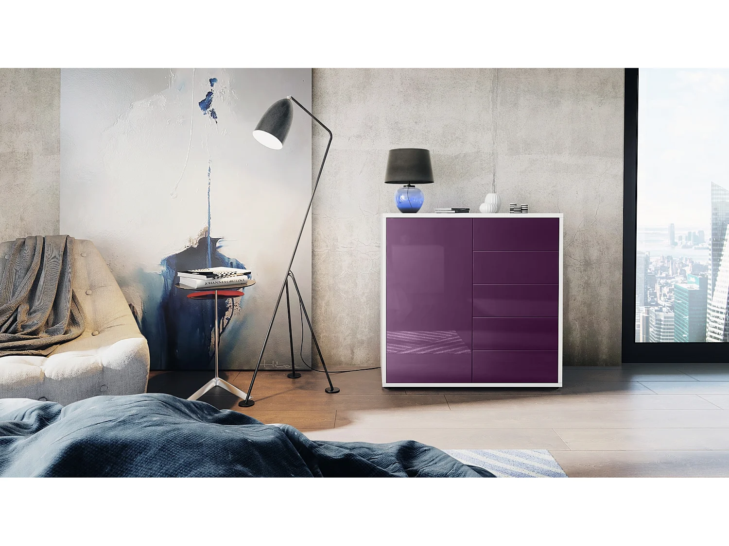 Buffet Ben V2, Commode avec 1 portes et 5 tiroirs, Blanc mat/Mûre haute brillance (79 x 74 x 36 cm)