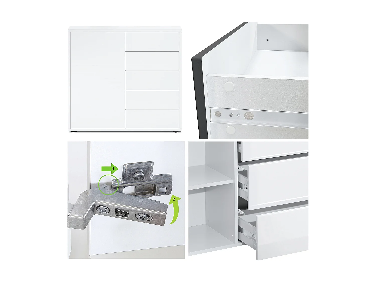 Buffet Ben V2, Commode avec 1 portes et 5 tiroirs, Blanc mat/Mûre haute brillance (79 x 74 x 36 cm)