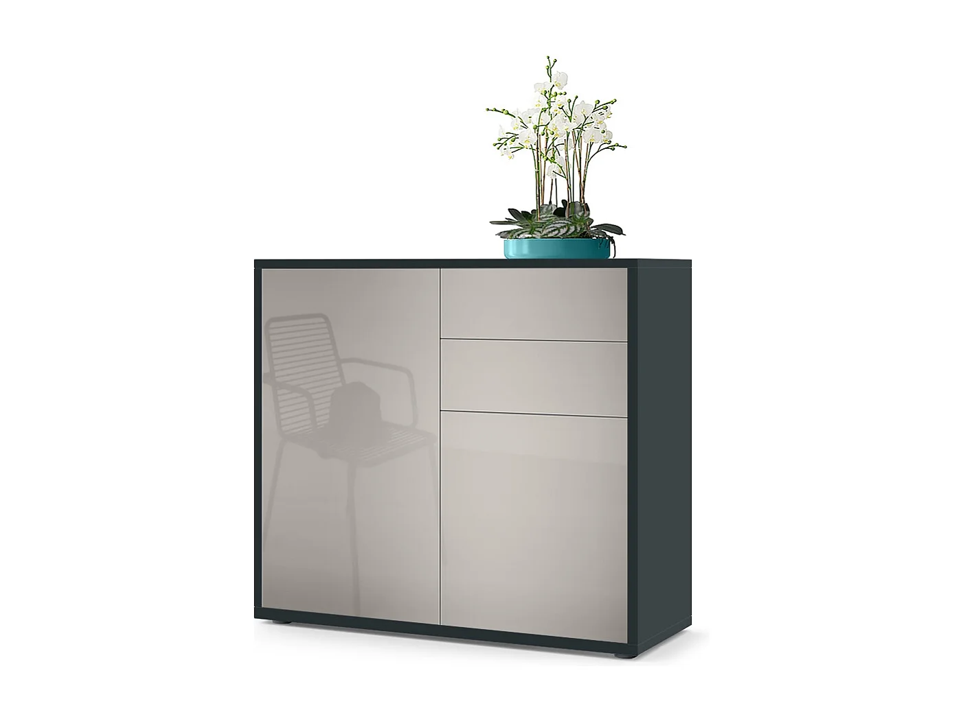 Buffet Ben, Commode avec 2 portes et 2 tiroirs, Noir mat/Gris sable haute brillance (79 x 74 x 36 cm)