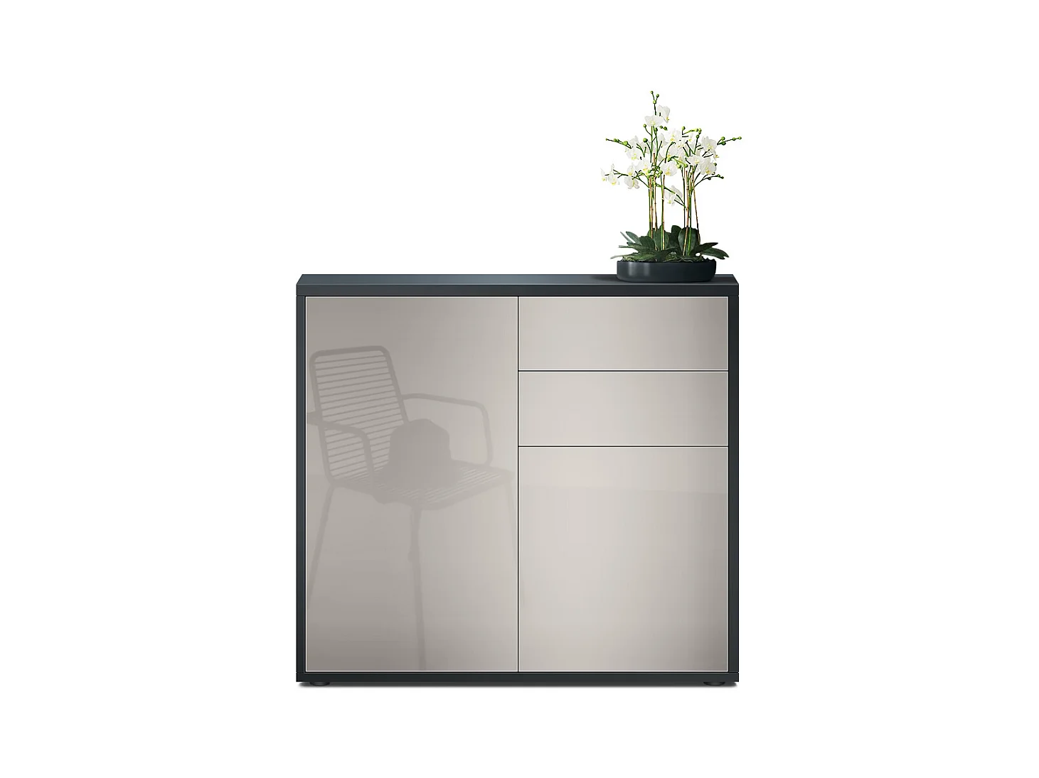 Buffet Ben, Commode avec 2 portes et 2 tiroirs, Noir mat/Gris sable haute brillance (79 x 74 x 36 cm)