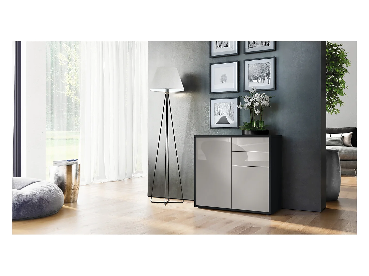 Buffet Ben, Commode avec 2 portes et 2 tiroirs, Noir mat/Gris sable haute brillance (79 x 74 x 36 cm)