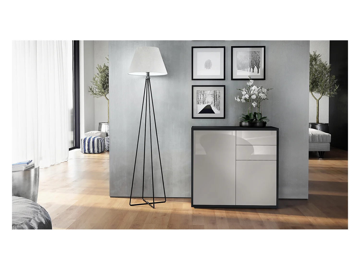 Buffet Ben, Commode avec 2 portes et 2 tiroirs, Noir mat/Gris sable haute brillance (79 x 74 x 36 cm)