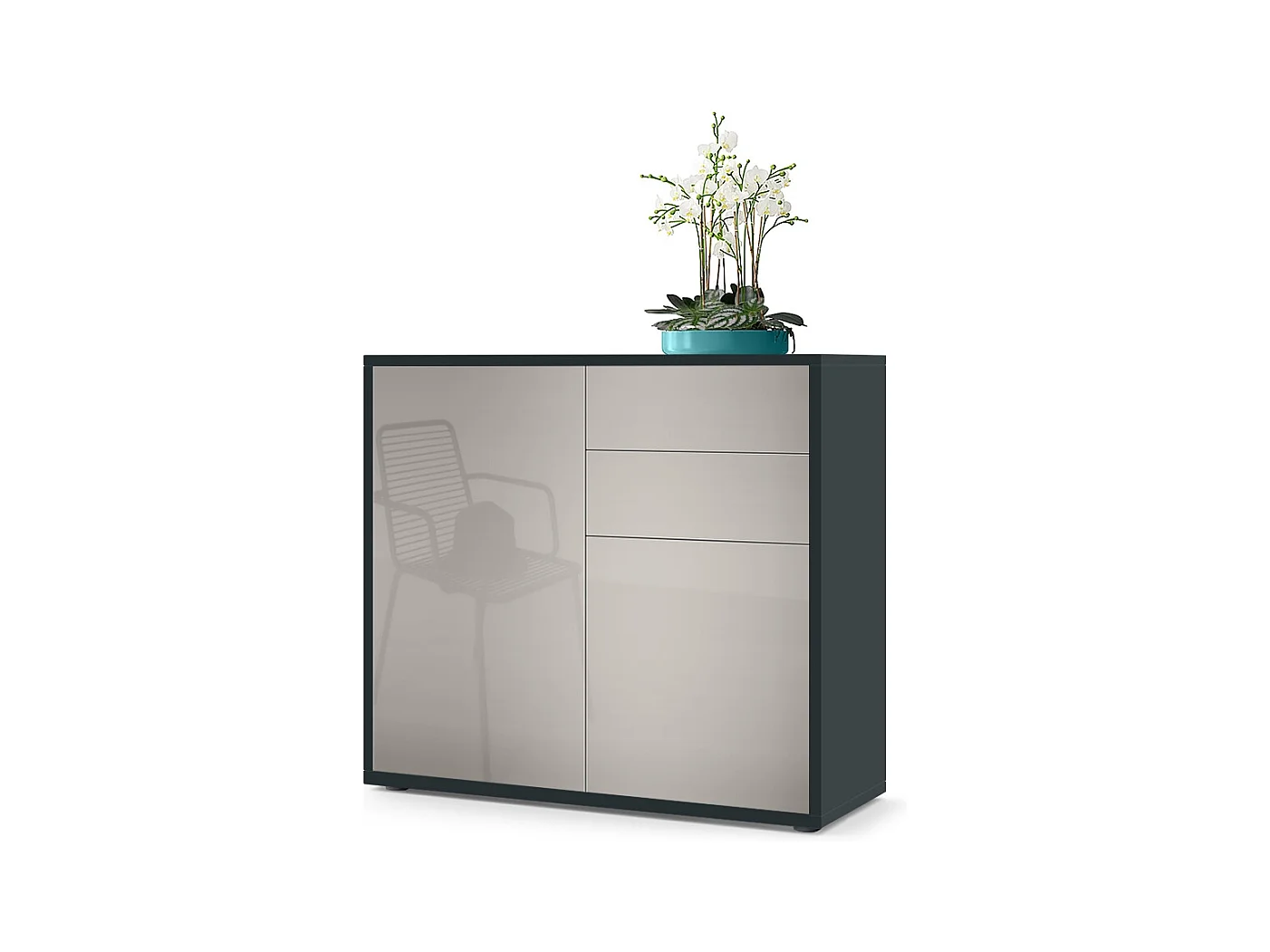 Buffet Ben, Commode avec 2 portes et 2 tiroirs, Noir mat/Gris sable haute brillance (79 x 74 x 36 cm)