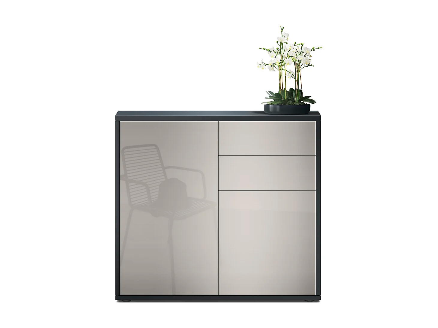 Madia  Ben, mobile con 2 ante e 2 cassetti, nero opaco/grigio sabbia lucido (79 x 74 x 36 cm)