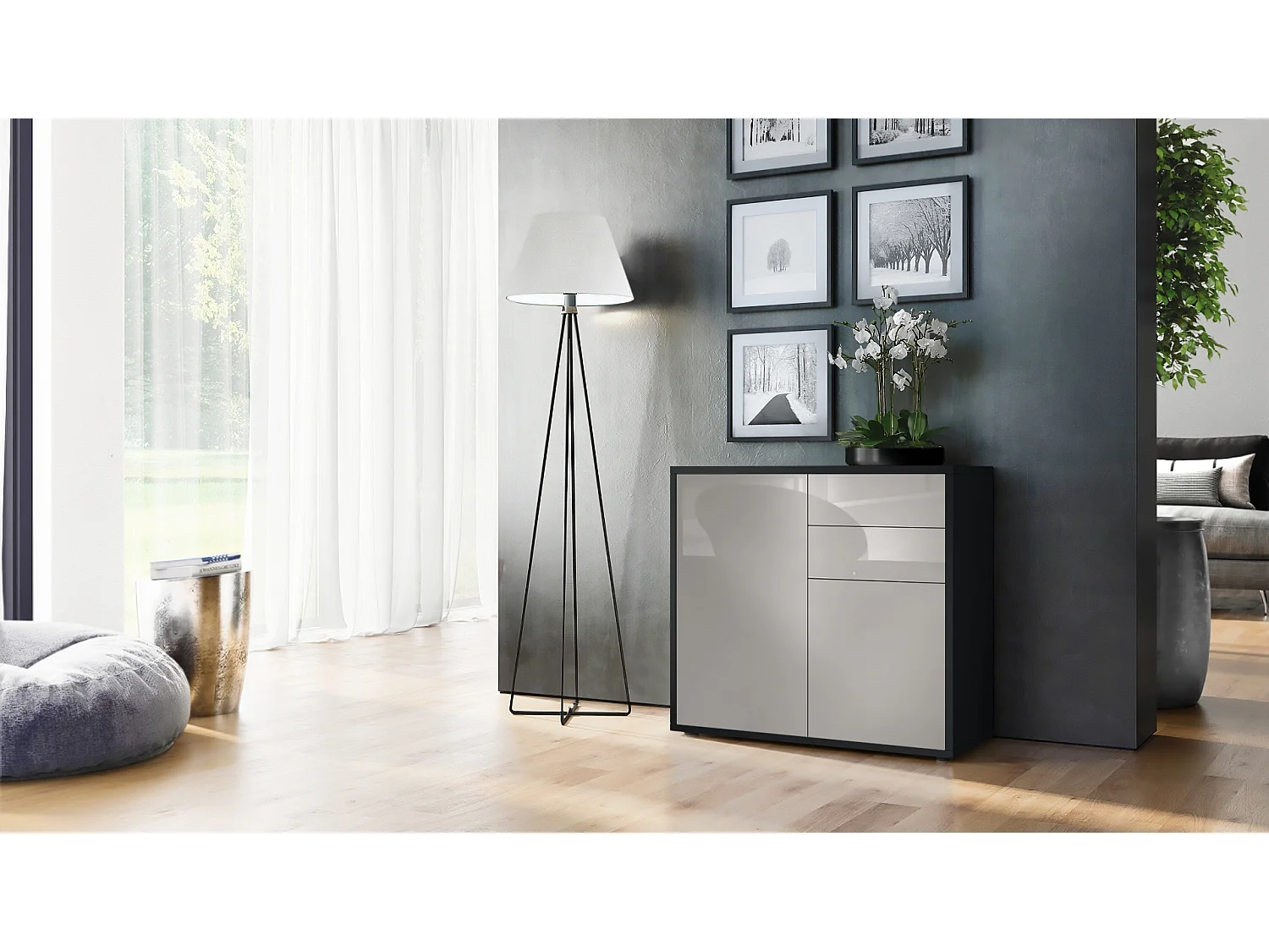 Madia  Ben, mobile con 2 ante e 2 cassetti, nero opaco/grigio sabbia lucido (79 x 74 x 36 cm)