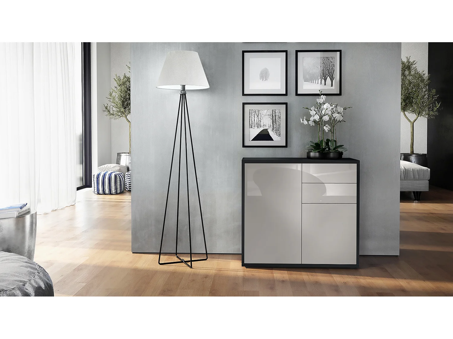 Madia  Ben, mobile con 2 ante e 2 cassetti, nero opaco/grigio sabbia lucido (79 x 74 x 36 cm)