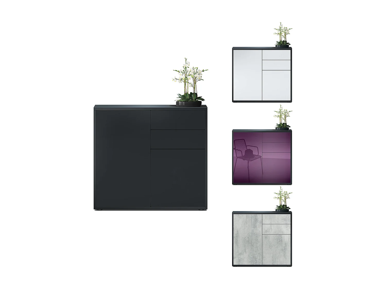 Madia  Ben, mobile con 2 ante e 2 cassetti, nero opaco/grigio sabbia lucido (79 x 74 x 36 cm)