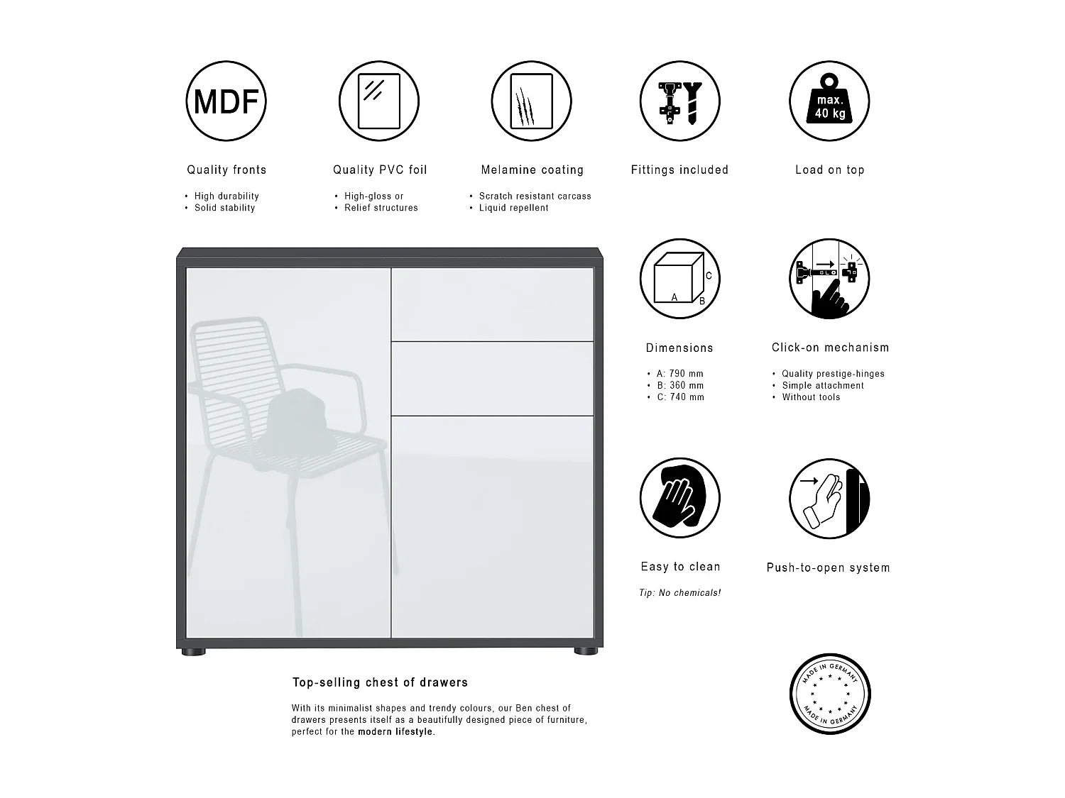 KOMMODE Ben Front in Sandgrau Hochglanz