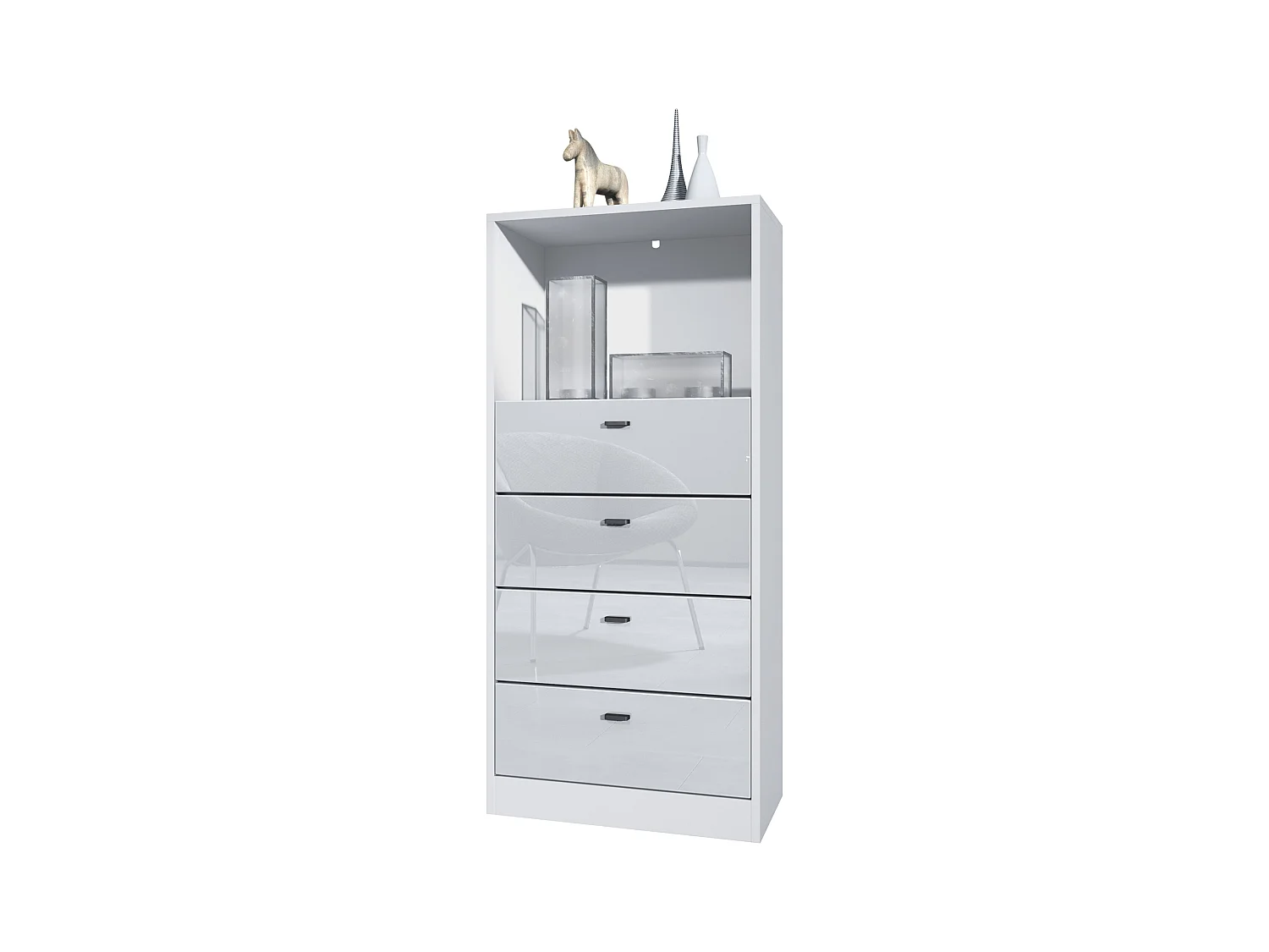 Commode Buffet Pino V3, avec 4 tiroirs & 1 compartiment ouvert, Anthracite mat/Blanc haute brillance sans LED (56 x 125 x 36 cm)