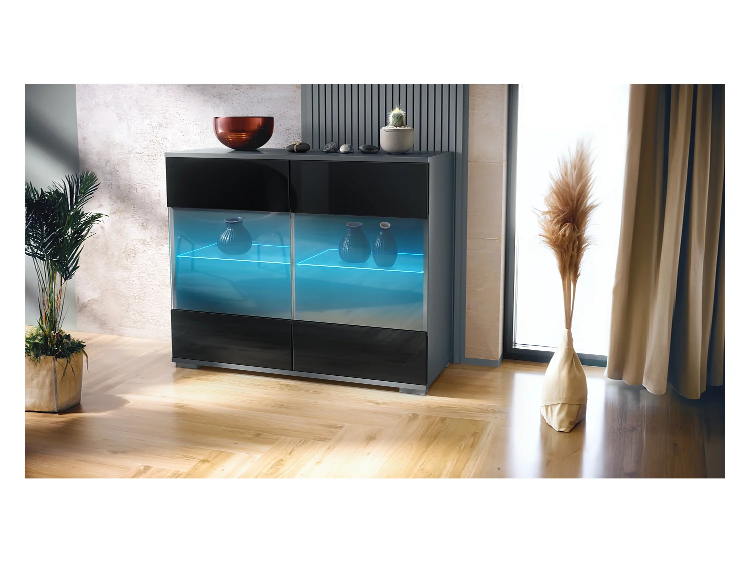 Commode Bari V3, Armoire de cuisine moderne avec 2 grandes portes vitrées incl. éclairage RGB anthracite mat / noir haute brillance (92,5 x 75.5 x 35)