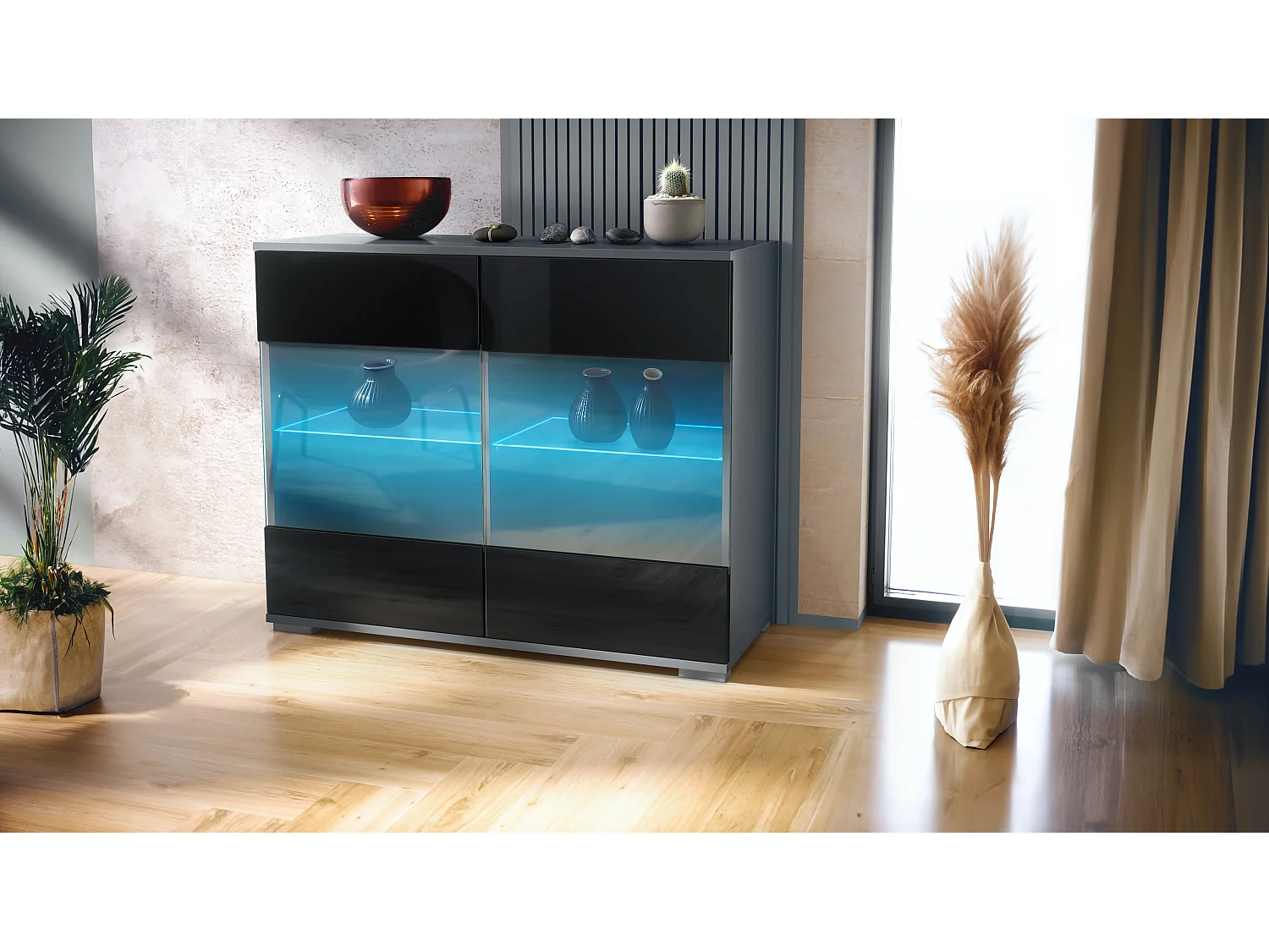 Cómoda Bari V3, Moderno armario de cocina con 2 grandes puertas de cristal incl. iluminación RGB antracita mate / negro de alto brillo (92,5 x 75.5 x 35)