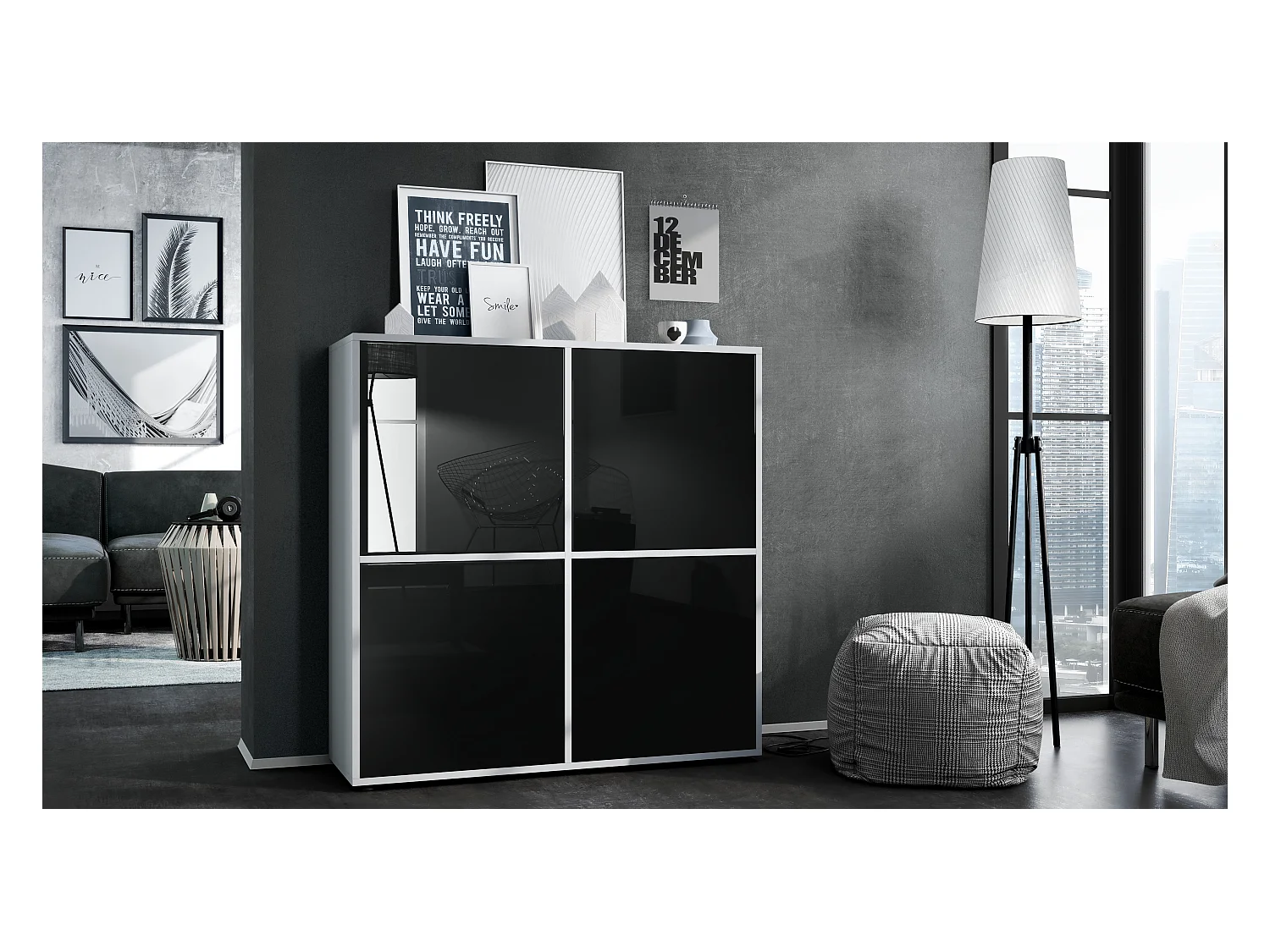 Highboard Cuba V2 Placard 104 x 105,5 x 35,5 cm Buffet à 8 compartiments, caisson en blanc mat / façades en Noir laqué haute brillance